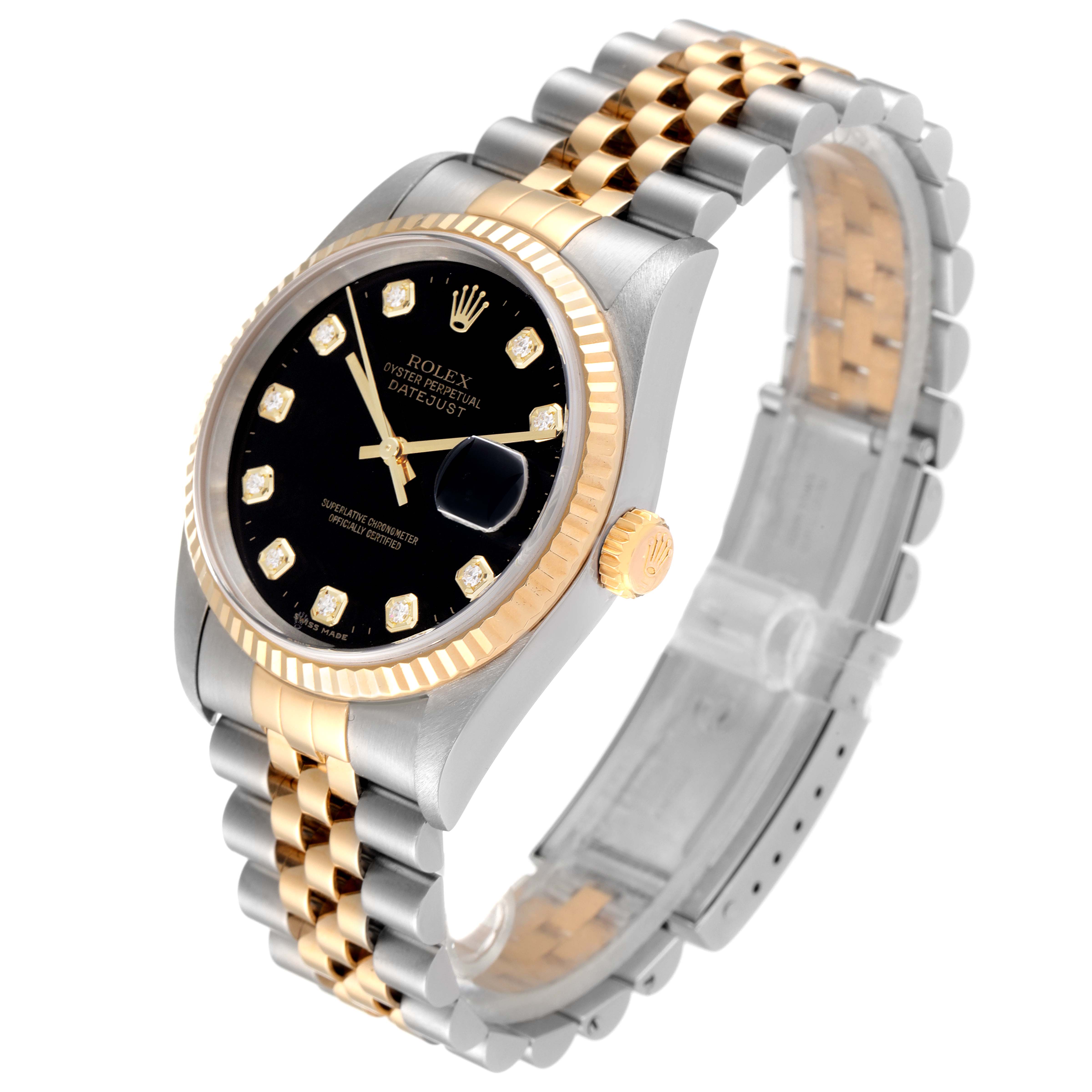 The image shows a side angle of the Rolex Datejust 16233 Men's Steel and Gold (two tone) Black Dial 16233 Men's Steel and Gold (two tone) Black Dial, highlighting its bezel, black dial, crown, and two-tone bracelet.