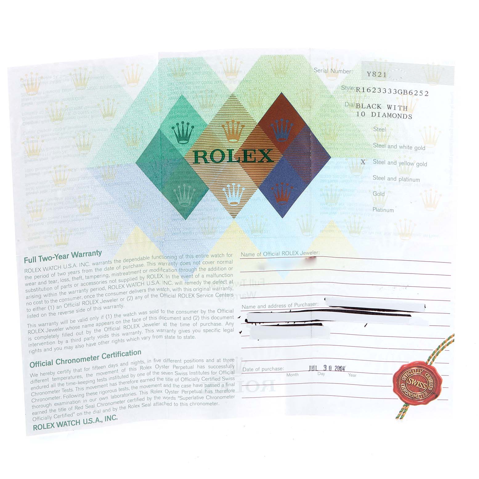 The image shows an official warranty and chronometer certification document for a Rolex Datejust 16233 Men's Steel and Gold (two tone) Black Dial 16233 Men's Steel and Gold (two tone) Black Dial watch.