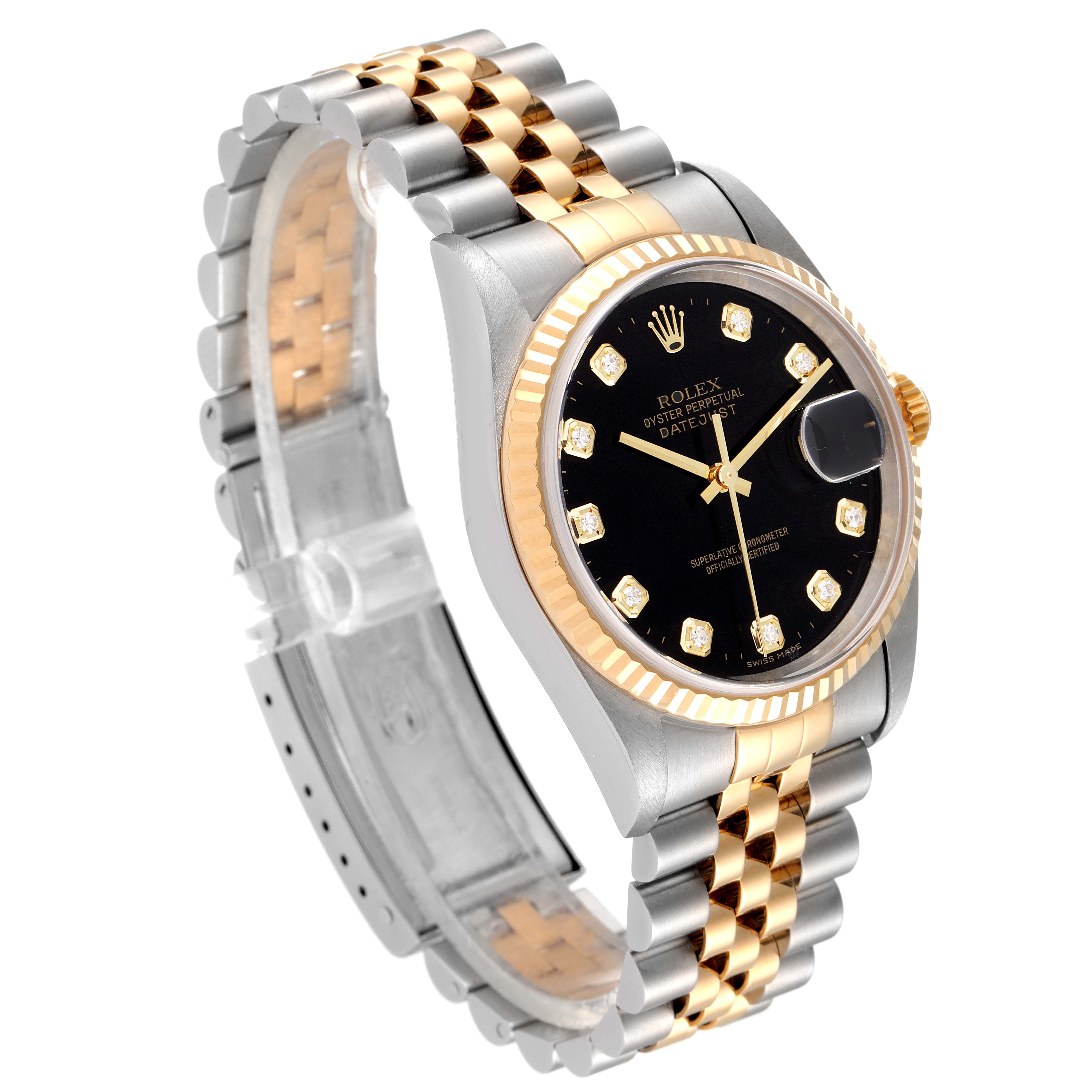 The Rolex Datejust 16233 Men's Steel and Gold (two tone) Black Dial 16233 Men's Steel and Gold (two tone) Black Dial watch is shown at a slight angle, highlighting its gold and silver bezel, black dial, and bracelet.
