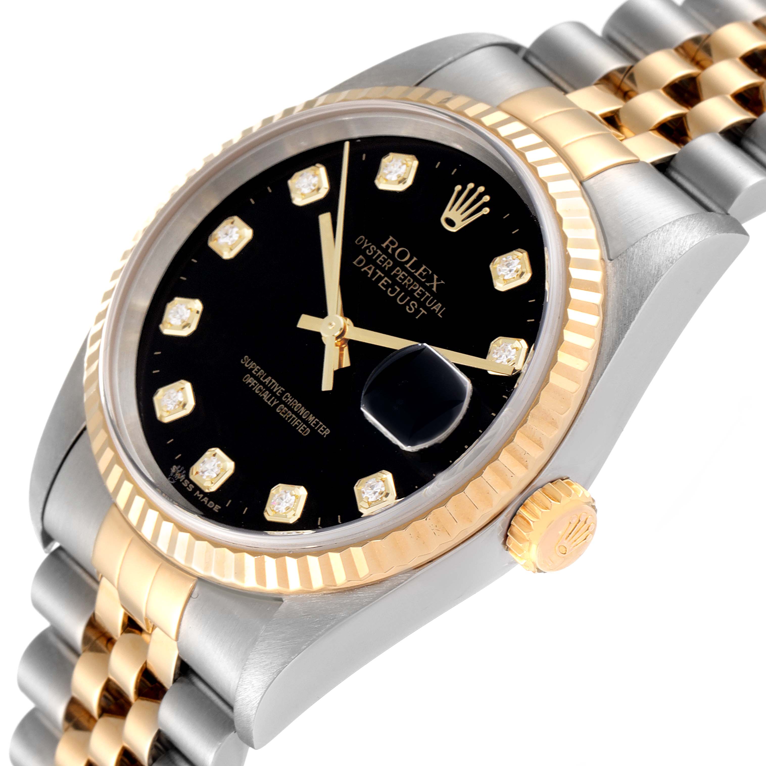 The image shows a side angle of the Rolex Datejust 16233 Men's Steel and Gold (two tone) Black Dial 16233 Men's Steel and Gold (two tone) Black Dial watch, highlighting the black dial, jubilee bracelet, and fluted bezel.
