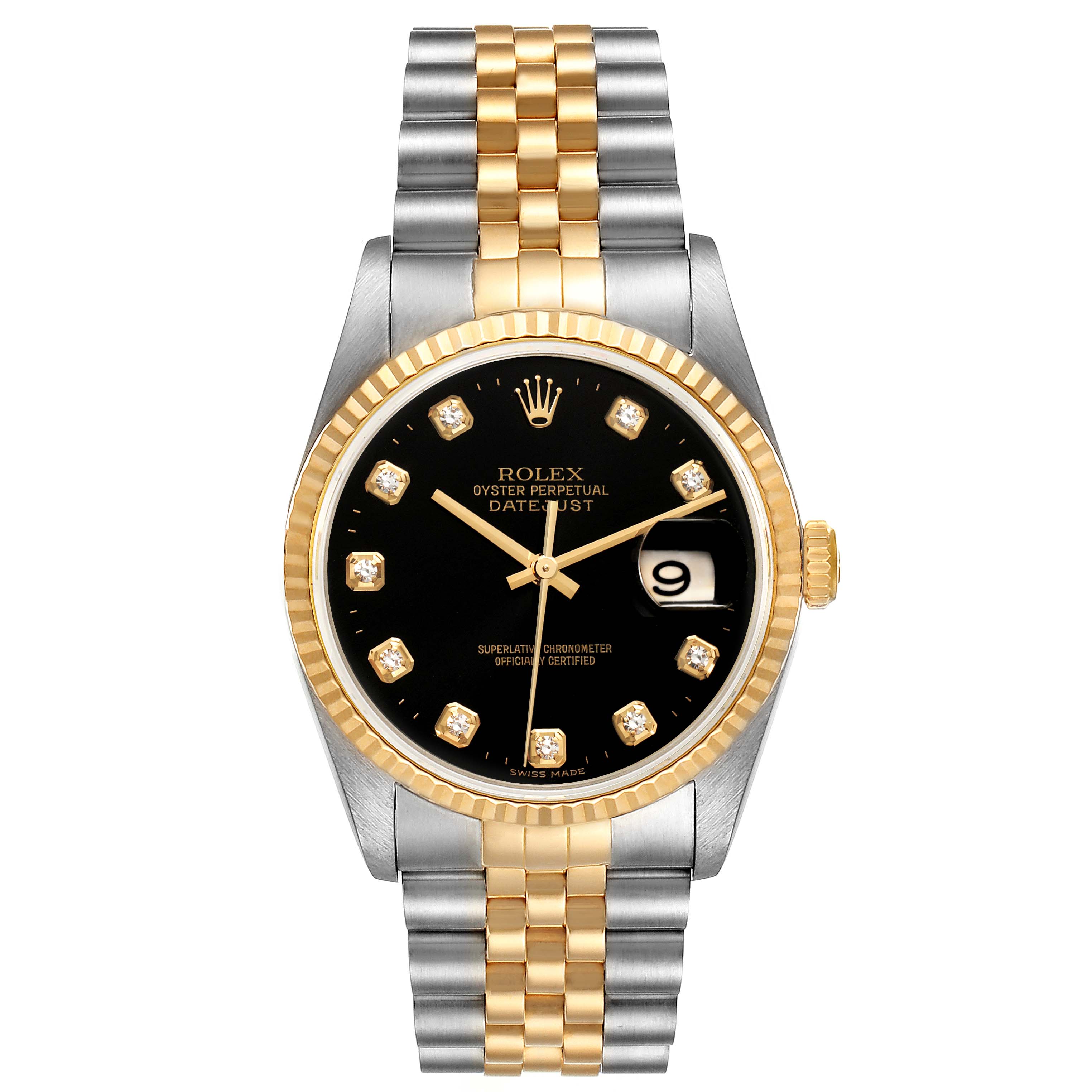 This image shows a front view of a Rolex Datejust 16233 Men's Steel and Gold (two tone) Black Dial 16233 Men's Steel and Gold (two tone) Black Dial watch, highlighting its two-tone bracelet, black dial, and diamond hour markers.