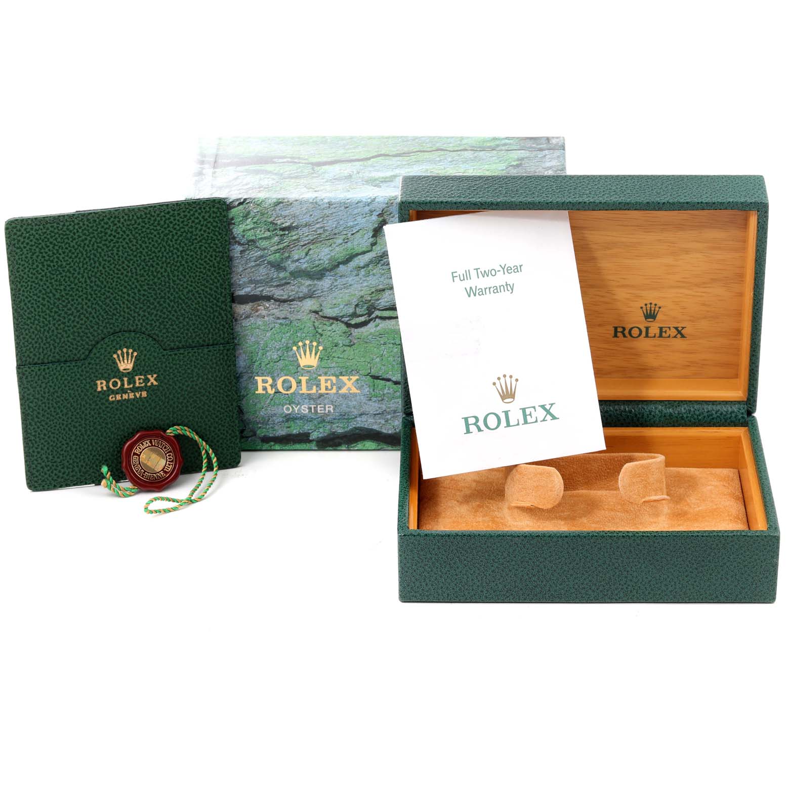 The image shows the packaging, warranty card, and accessory pouch for a Rolex Datejust 16233 Men's Steel and Gold (two tone) Black Dial 16233 Men's Steel and Gold (two tone) Black Dial watch.