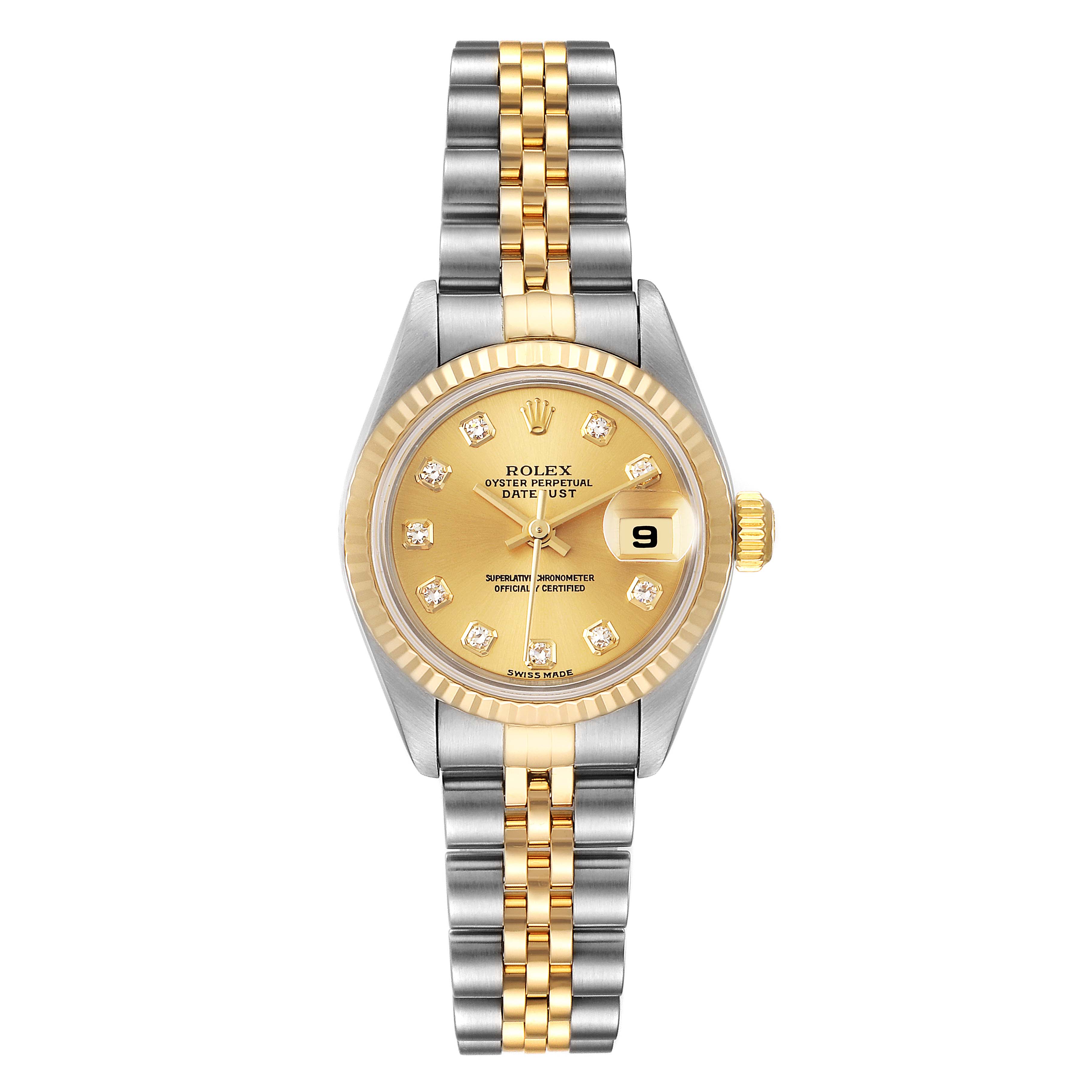 The image shows a frontal view of a Rolex Datejust 79173 Women's Steel and Gold (two tone) Champagne Dial 79173 Women's Steel and Gold (two tone) Champagne Dial watch, featuring a two-tone bracelet, gold dial, and date window.