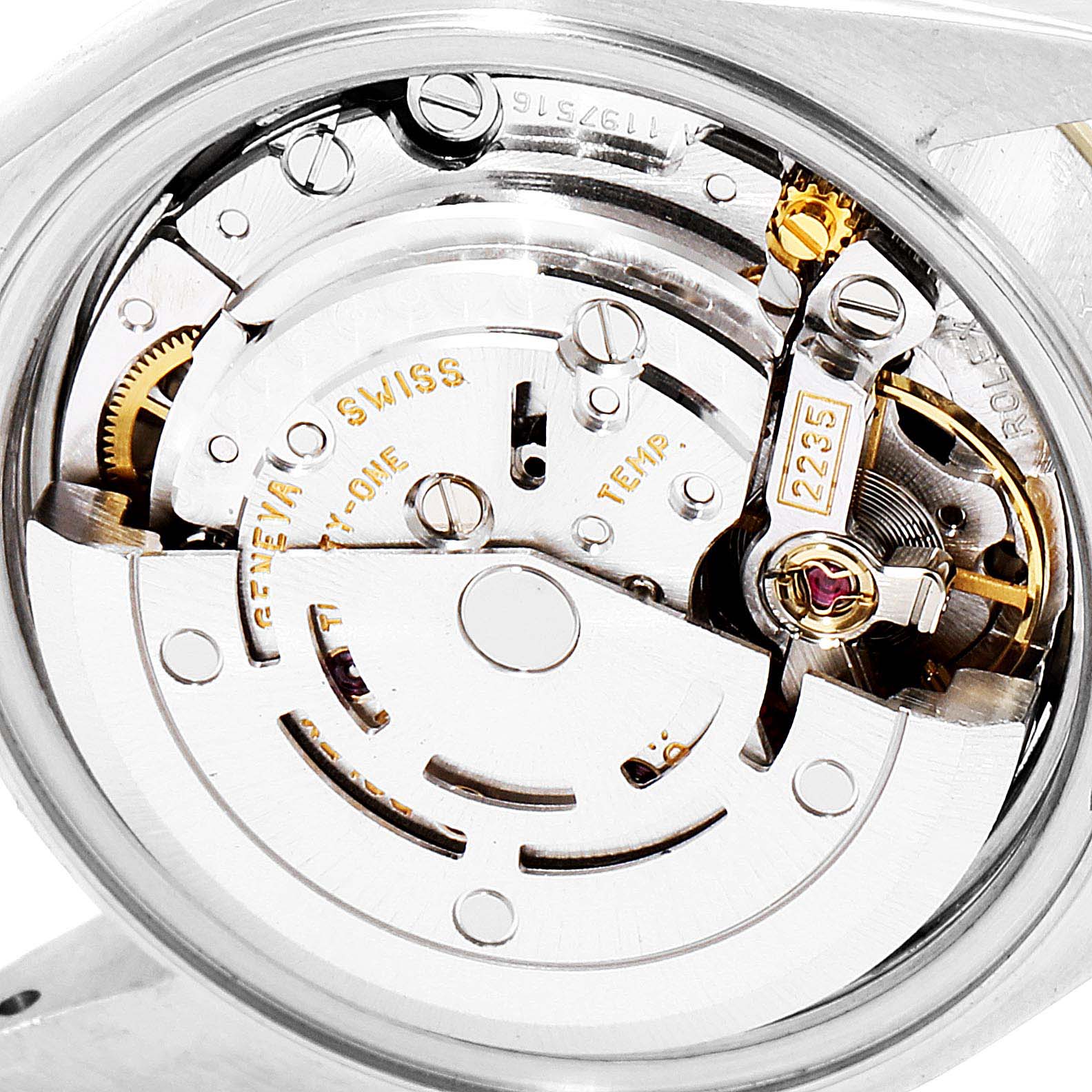 This is a close-up view of the movement mechanism inside the Rolex Datejust 79173 Women's Steel and Gold (two tone) Champagne Dial 79173 Women's Steel and Gold (two tone) Champagne Dial model.