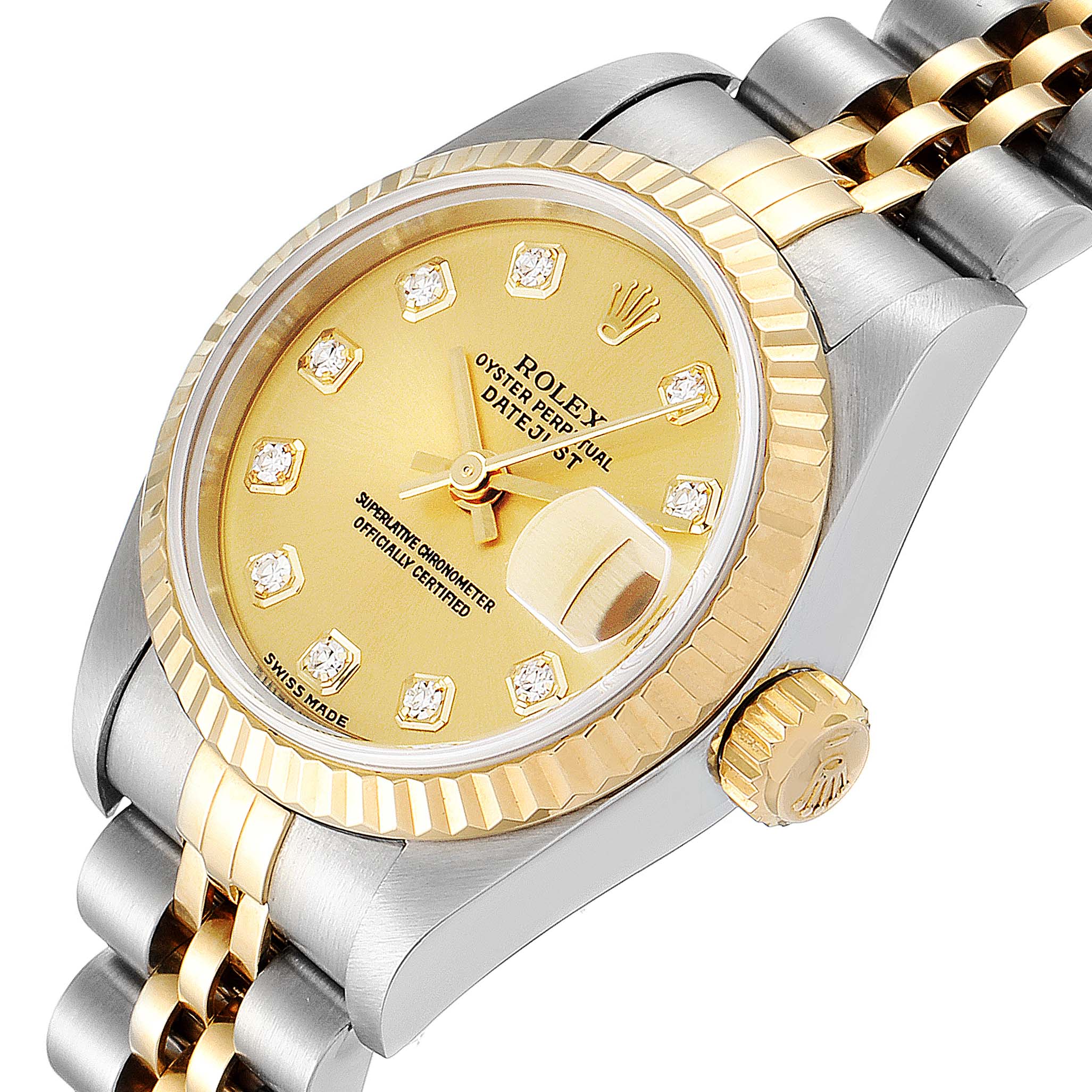 The image shows a close-up angle of the Rolex Datejust 79173 Women's Steel and Gold (two tone) Champagne Dial 79173 Women's Steel and Gold (two tone) Champagne Dial watch, highlighting the dial, crown, and part of the bracelet.