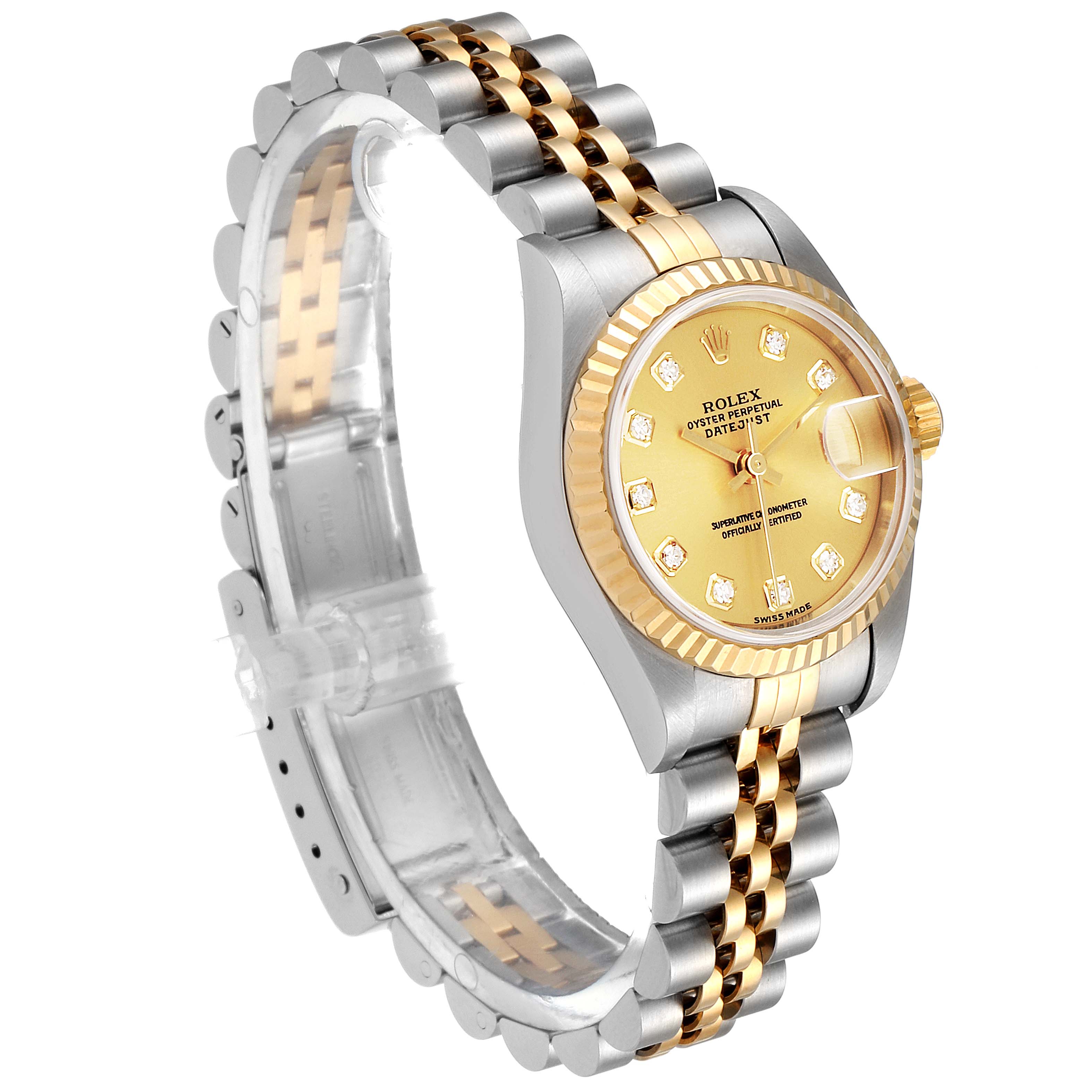 The image shows a side angle of the Rolex Datejust 79173 Women's Steel and Gold (two tone) Champagne Dial 79173 Women's Steel and Gold (two tone) Champagne Dial watch, highlighting its gold and stainless steel bracelet and face.
