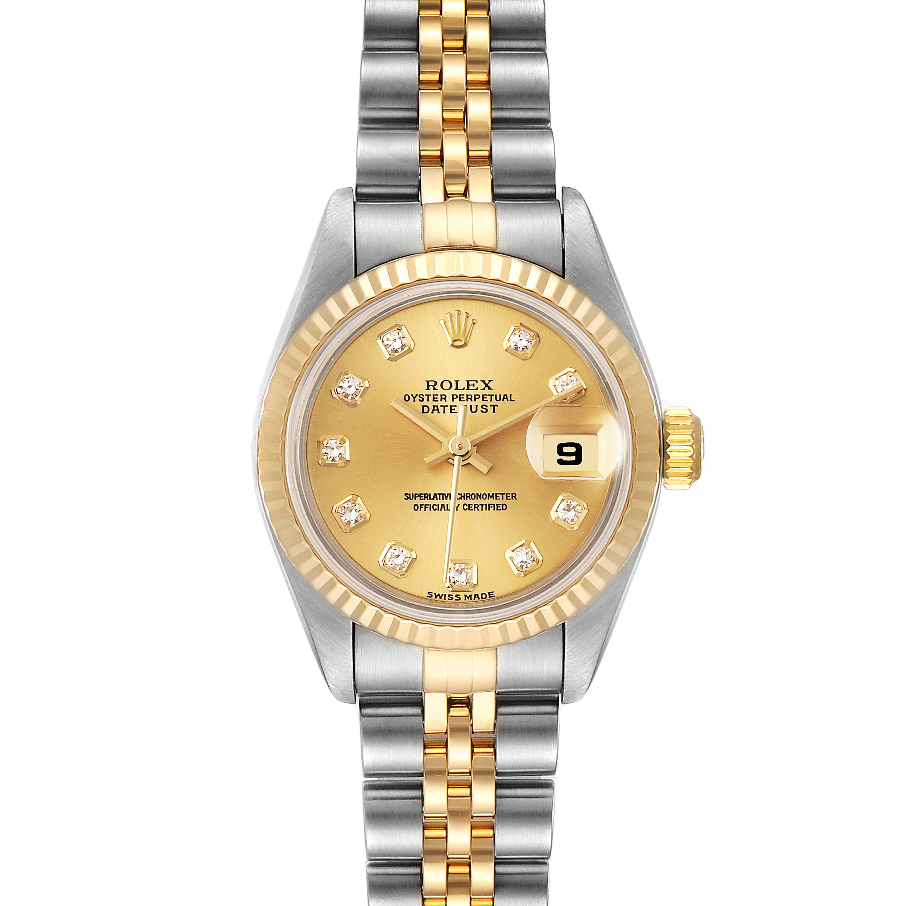 This Rolex Datejust 79173 Women's Steel and Gold (two tone) Champagne Dial 79173 Women's Steel and Gold (two tone) Champagne Dial watch is shown from the front, displaying the dial, bezel, and two-tone bracelet.