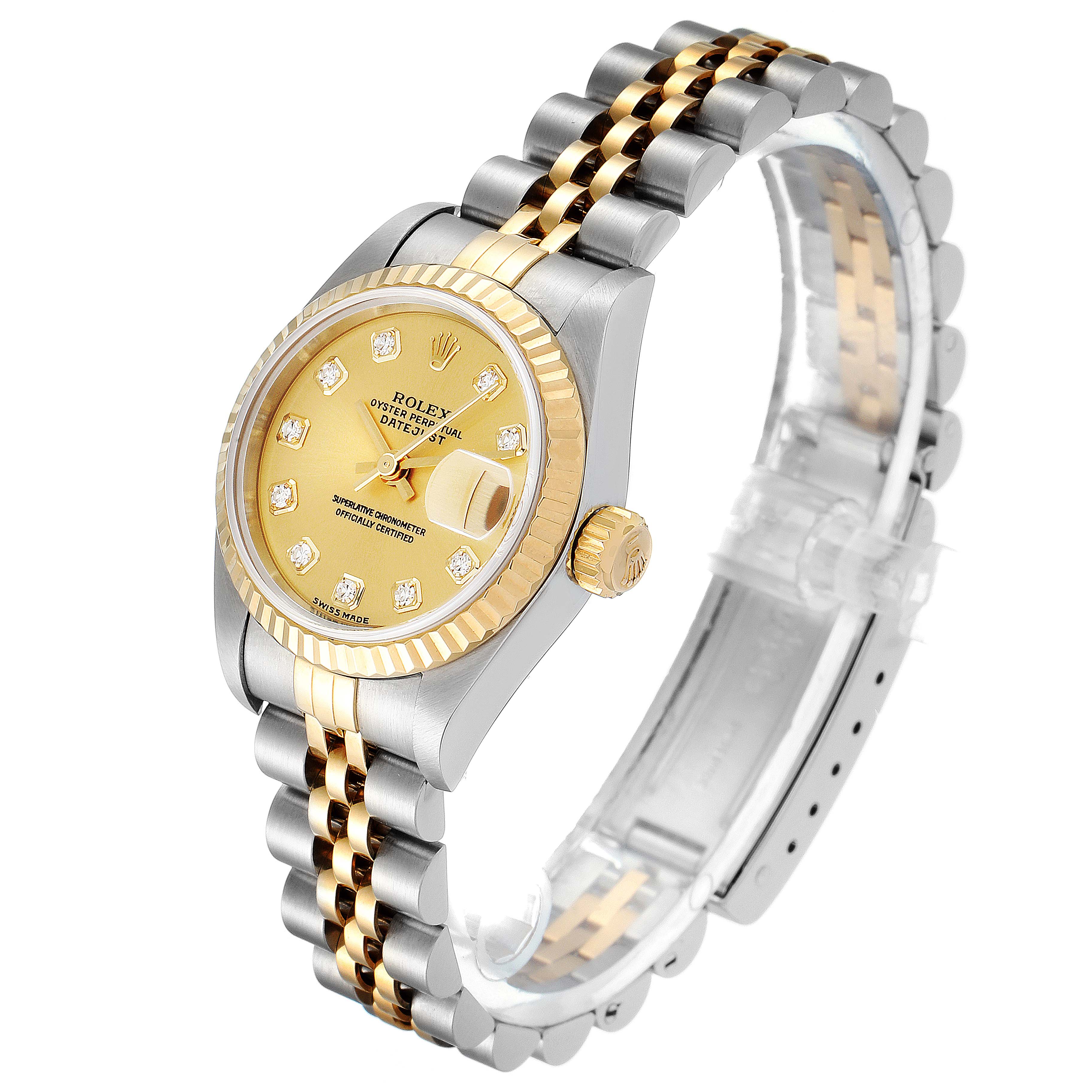 This image shows a Rolex Datejust 79173 Women's Steel and Gold (two tone) Champagne Dial 79173 Women's Steel and Gold (two tone) Champagne Dial watch from a three-quarter angle, featuring the dial, bracelet, and crown.