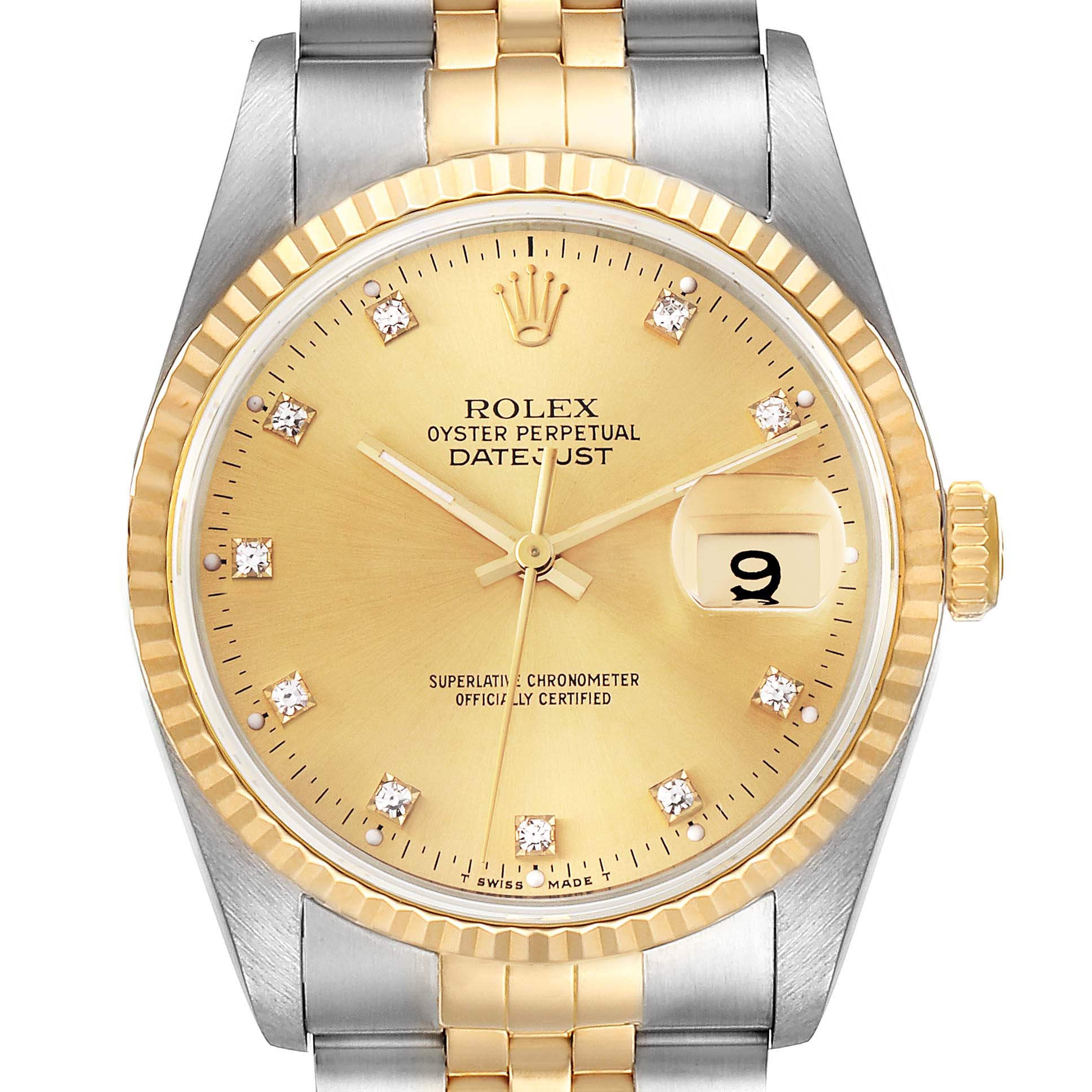 The image shows a Rolex Datejust 16233 Men
s Steel and Gold (two tone) Champagne Dial 16233 Men
s Steel and Gold (two tone) Champagne Dial watch from a front angle, highlighting the dial, bezel, and part of the bracelet.