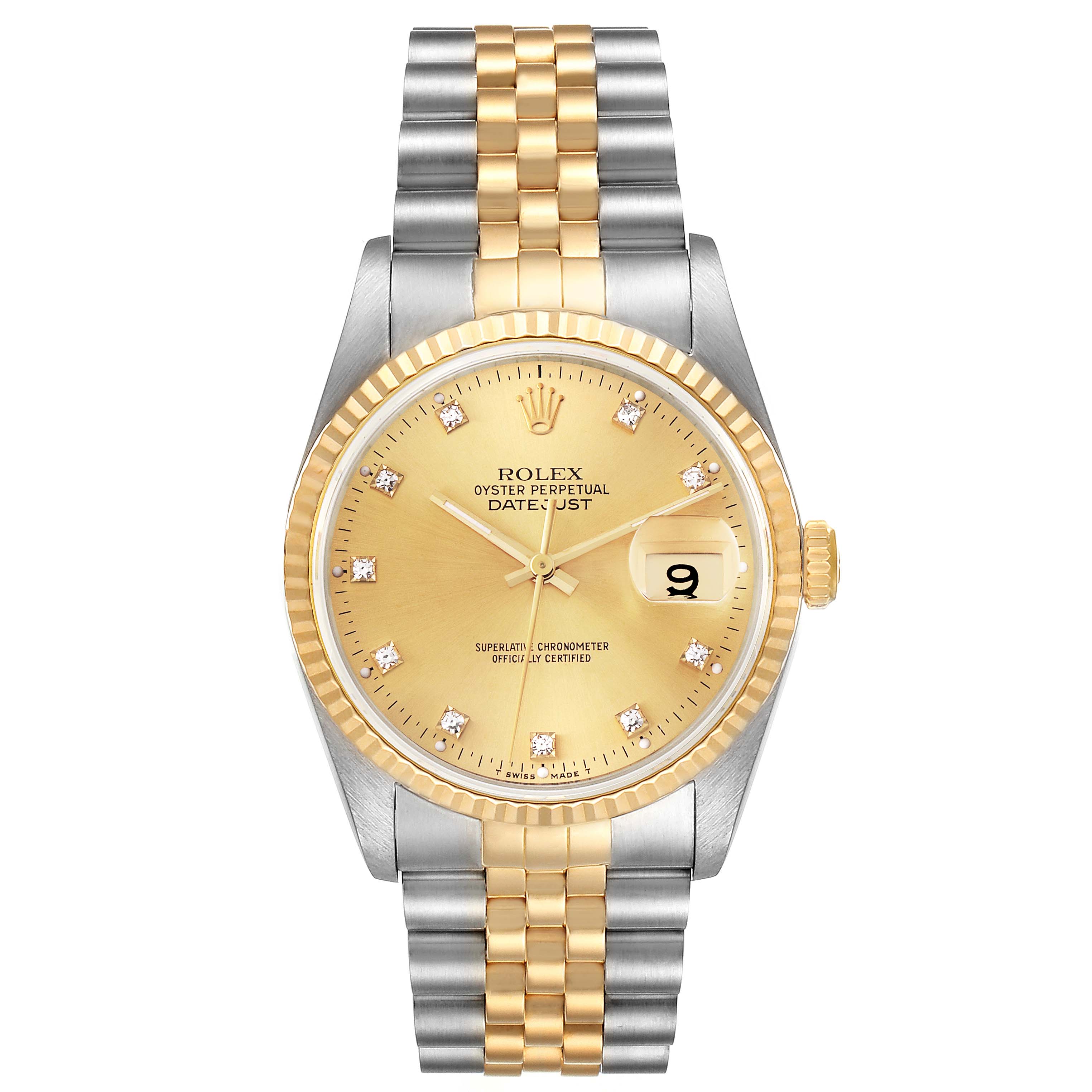 This image shows a front view of a Rolex Datejust 16233 Men
s Steel and Gold (two tone) Champagne Dial 16233 Men
s Steel and Gold (two tone) Champagne Dial watch featuring a gold dial, fluted bezel, and two-tone bracelet.