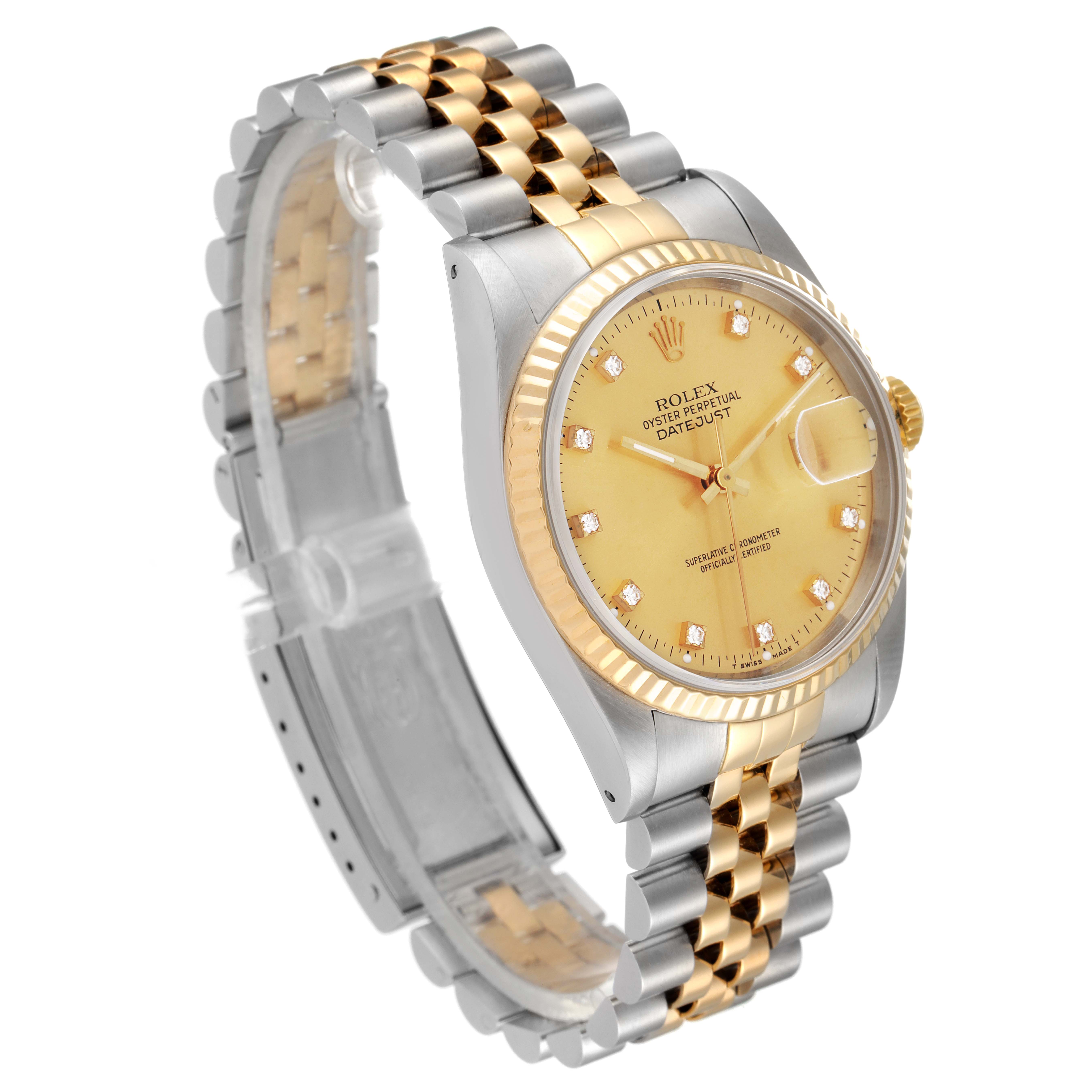 This Rolex Datejust 16233 Men
s Steel and Gold (two tone) Champagne Dial 16233 Men
s Steel and Gold (two tone) Champagne Dial watch is shown at a side angle, highlighting its dial, bezel, and two-tone bracelet.