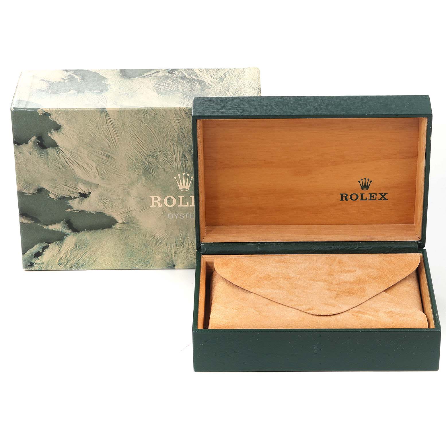 The image shows the Rolex Datejust 16233 Men
s Steel and Gold (two tone) Champagne Dial 16233 Men
s Steel and Gold (two tone) Champagne Dial watch packaging, including the outer box and inner wooden case.
