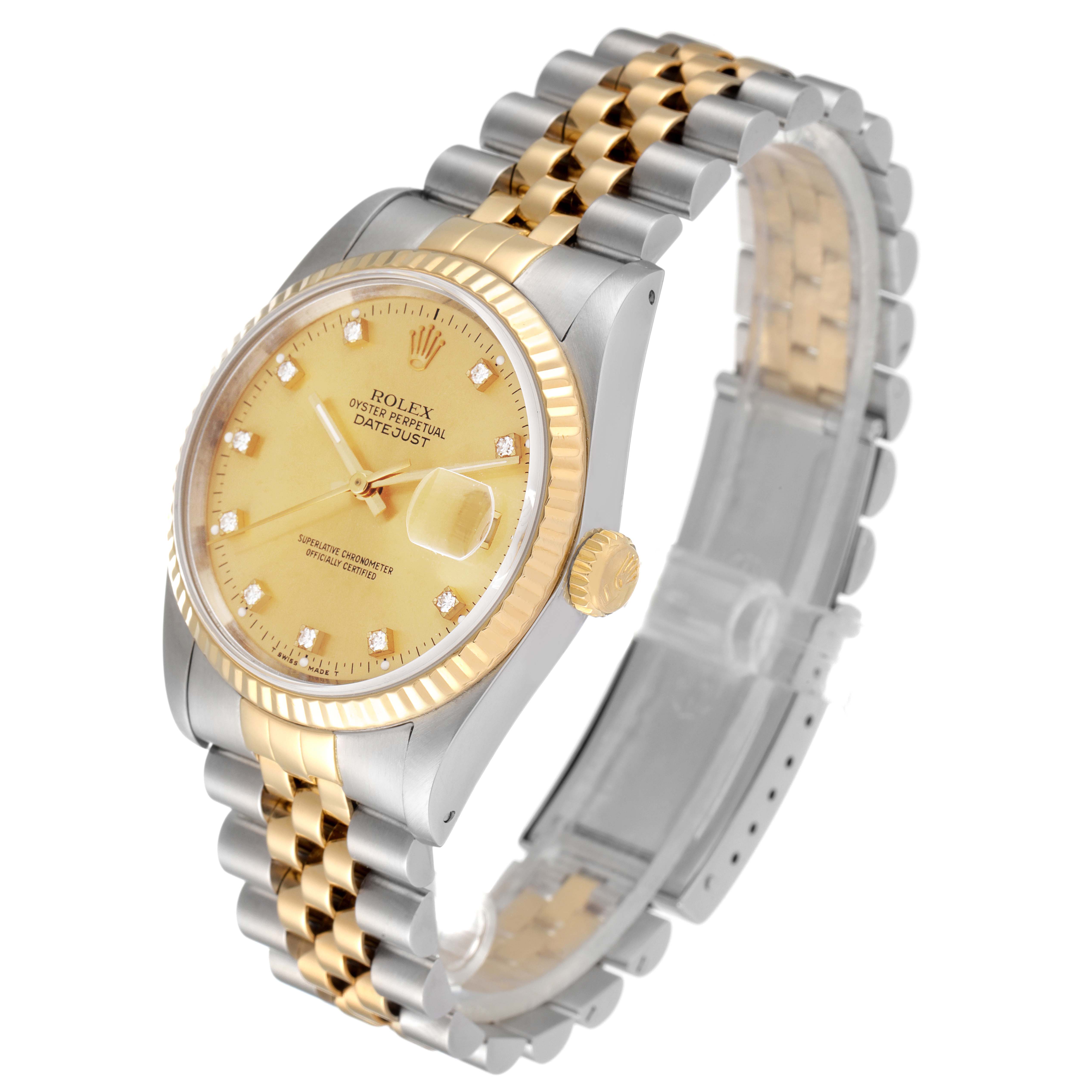 The Rolex Datejust 16233 Men
s Steel and Gold (two tone) Champagne Dial 16233 Men
s Steel and Gold (two tone) Champagne Dial watch is shown at an angle showcasing its dial, gold bezel, crown, and two-tone bracelet.