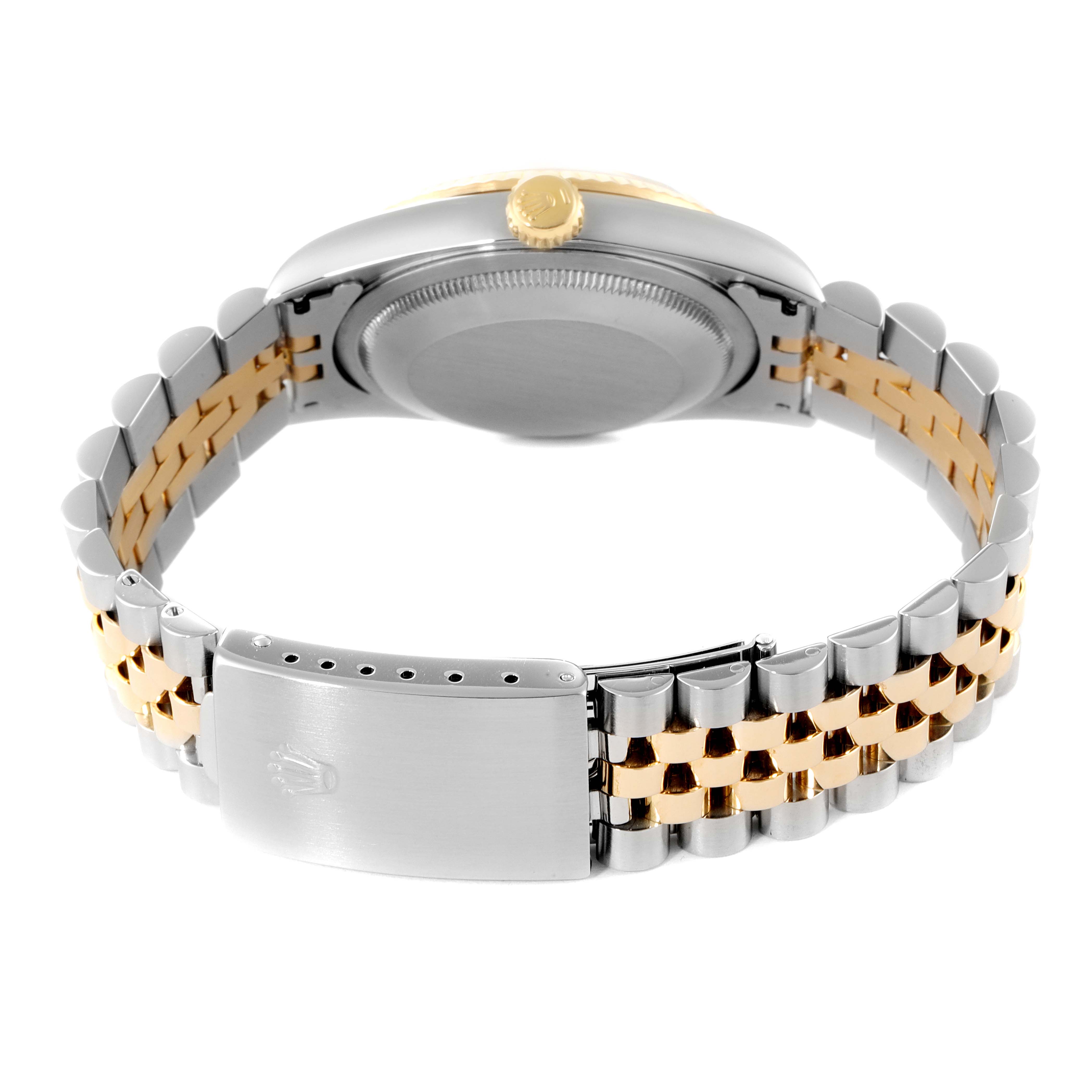 The image shows the back view of the Rolex Datejust 16233 Men's Steel and Gold (two tone) Champagne Dial 16233 Men's Steel and Gold (two tone) Champagne Dial watch, featuring its bracelet, clasp, and caseback.