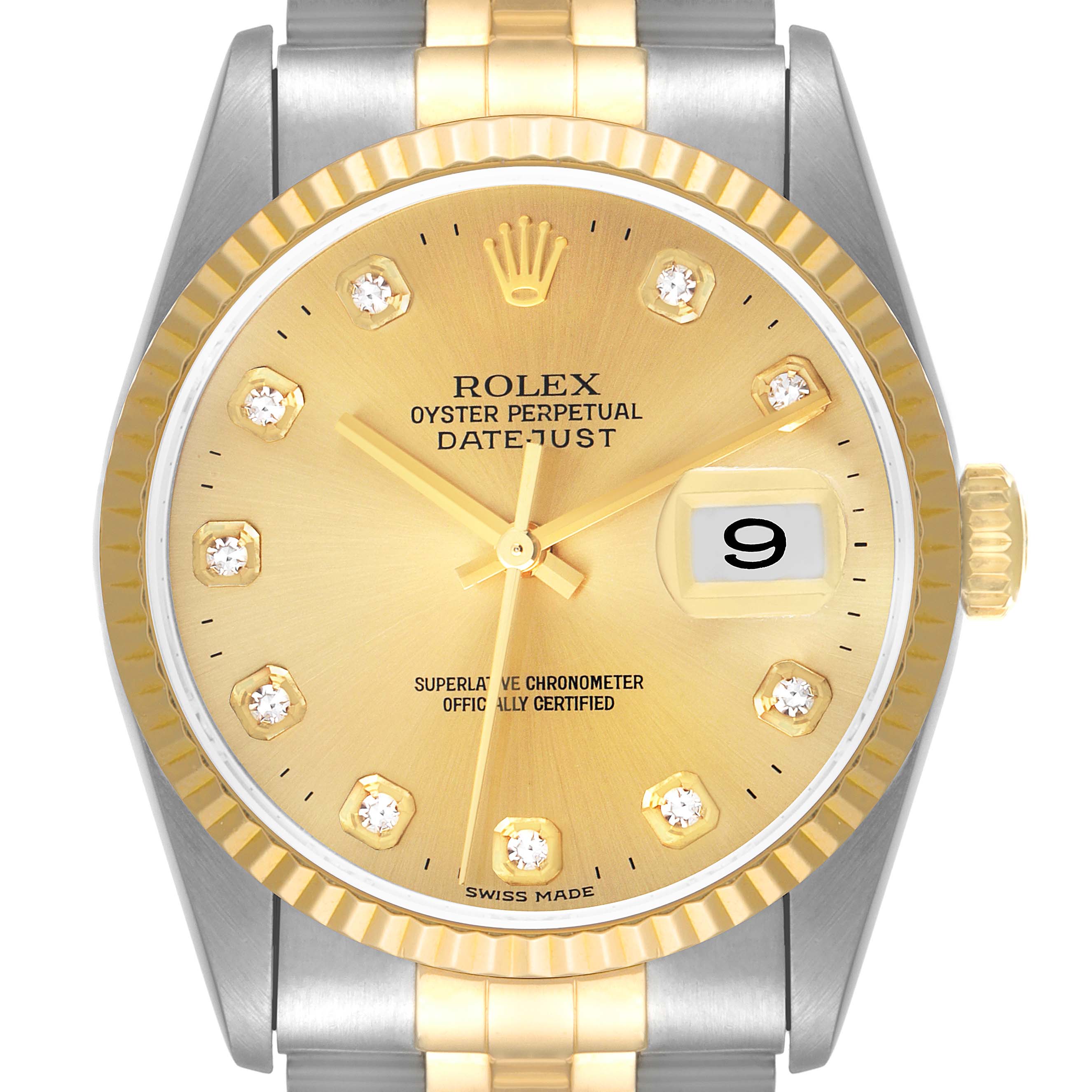 This image shows a front-facing view of the Rolex Datejust 16233 Men's Steel and Gold (two tone) Champagne Dial 16233 Men's Steel and Gold (two tone) Champagne Dial watch with a gold dial and diamond hour markers.