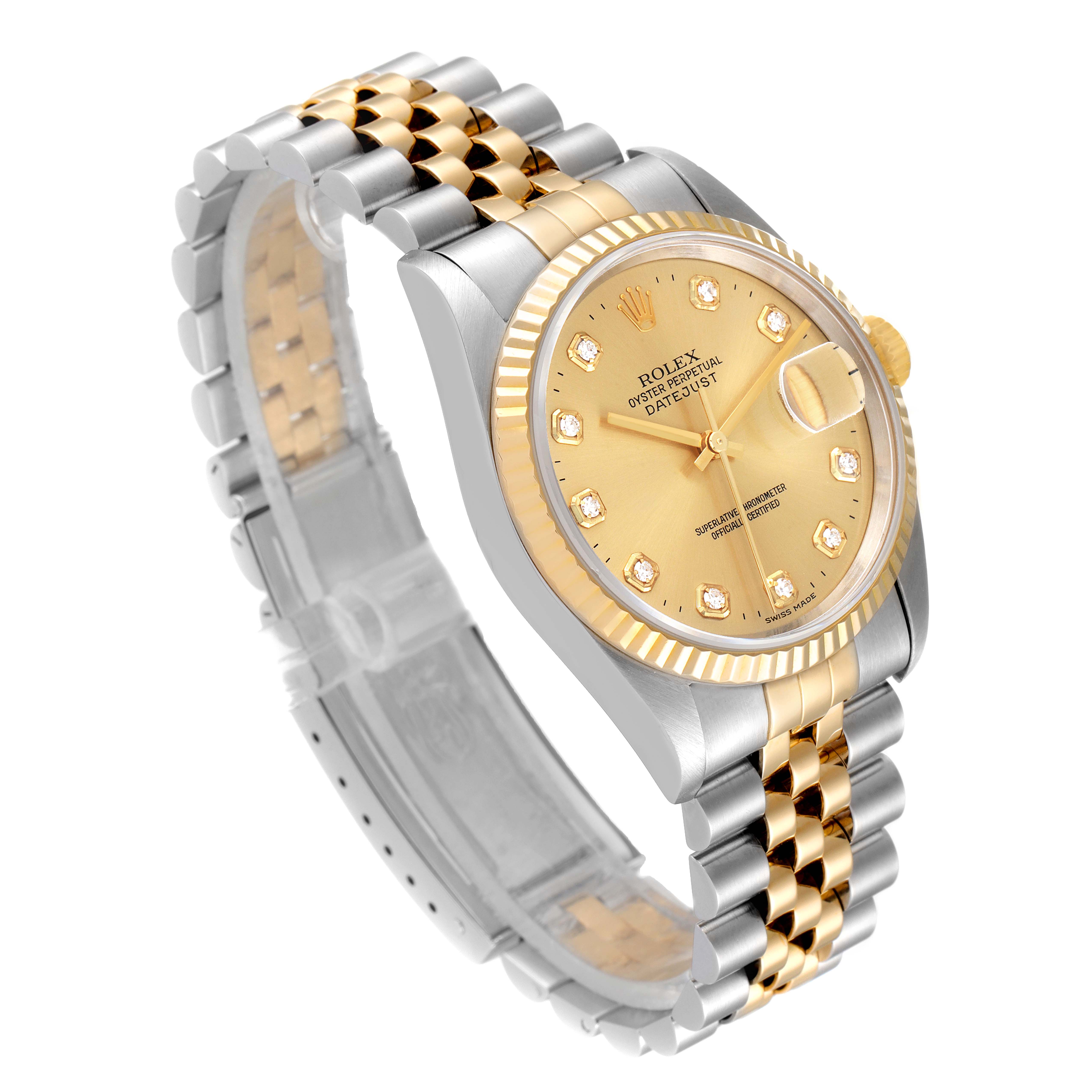 The image shows a side-angle view of a Rolex Datejust 16233 Men's Steel and Gold (two tone) Champagne Dial 16233 Men's Steel and Gold (two tone) Champagne Dial, highlighting the gold dial, fluted bezel, and two-tone Jubilee bracelet.