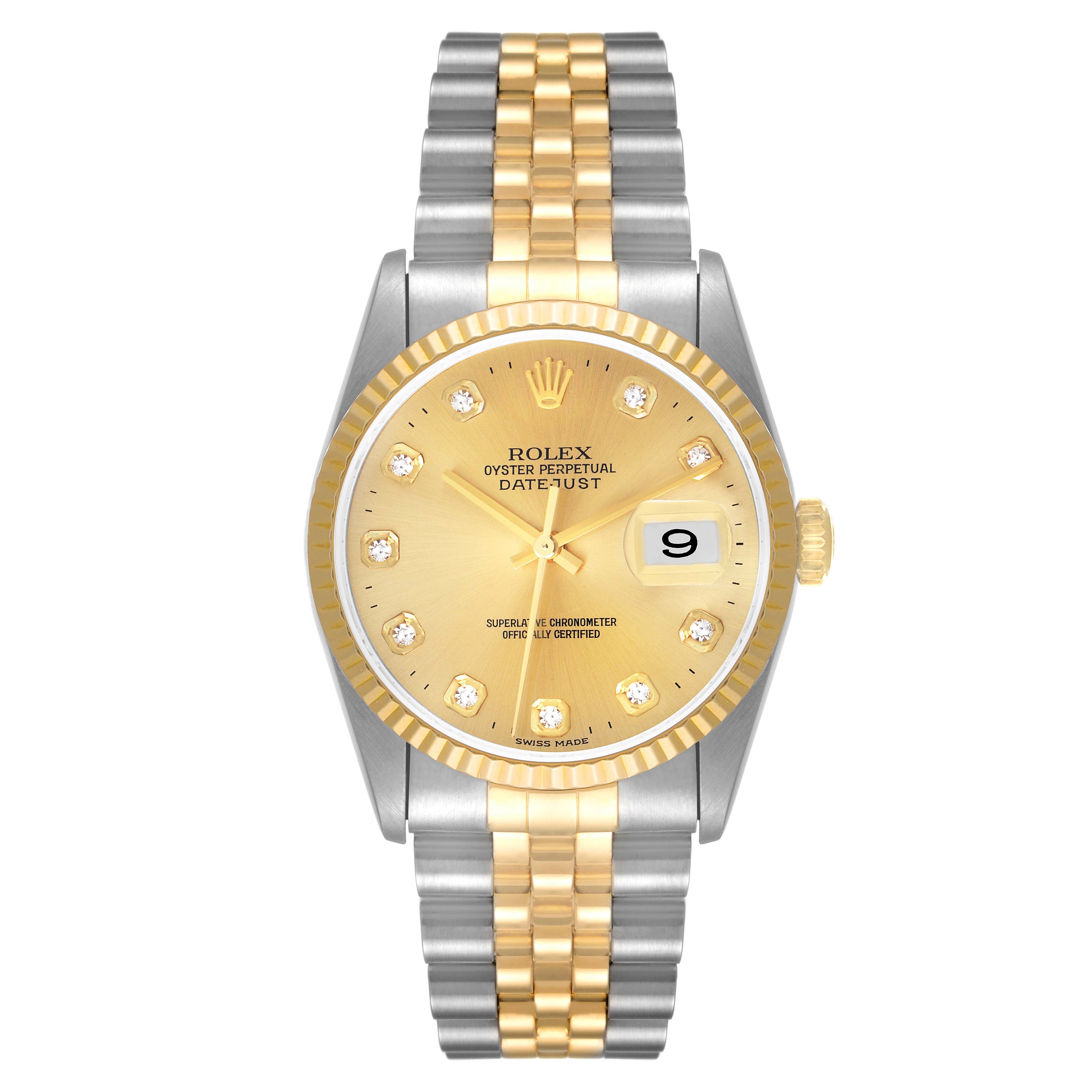 This image shows a front view of a Rolex Datejust 16233 Men's Steel and Gold (two tone) Champagne Dial 16233 Men's Steel and Gold (two tone) Champagne Dial watch, displaying its gold and silver bracelet, gold dial, and date window.