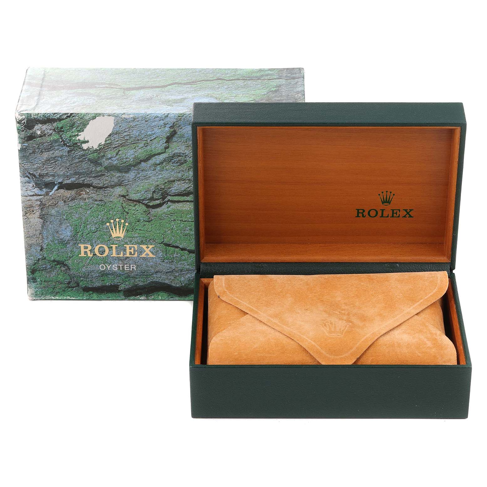 The image shows the box and suede pouch for a Rolex Datejust 16233 Men's Steel and Gold (two tone) Champagne Dial 16233 Men's Steel and Gold (two tone) Champagne Dial watch, with the box opened showcasing the interior.