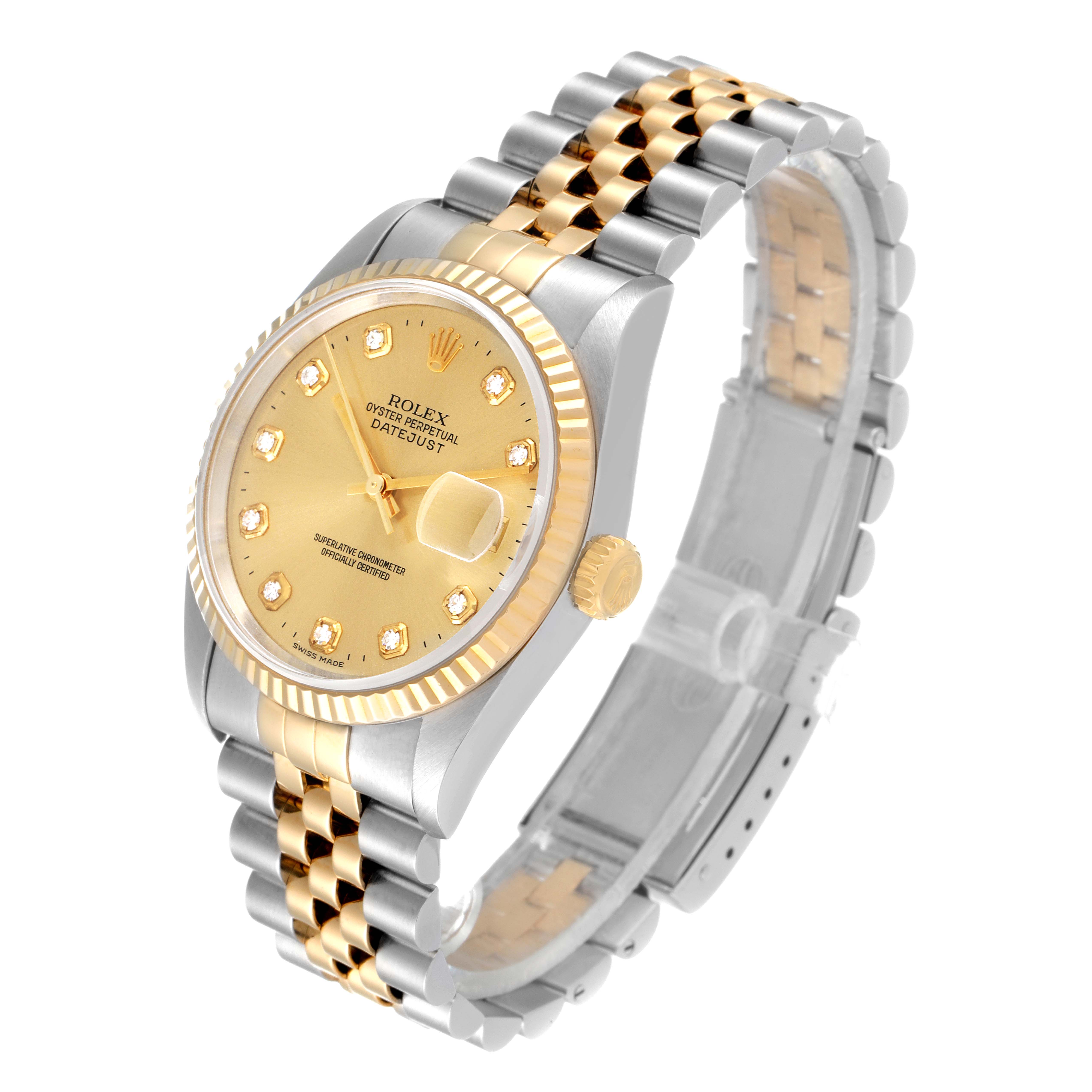 The Rolex Datejust 16233 Men's Steel and Gold (two tone) Champagne Dial 16233 Men's Steel and Gold (two tone) Champagne Dial watch is shown from a slightly tilted angle, highlighting its gold and stainless steel bracelet and diamond markers.