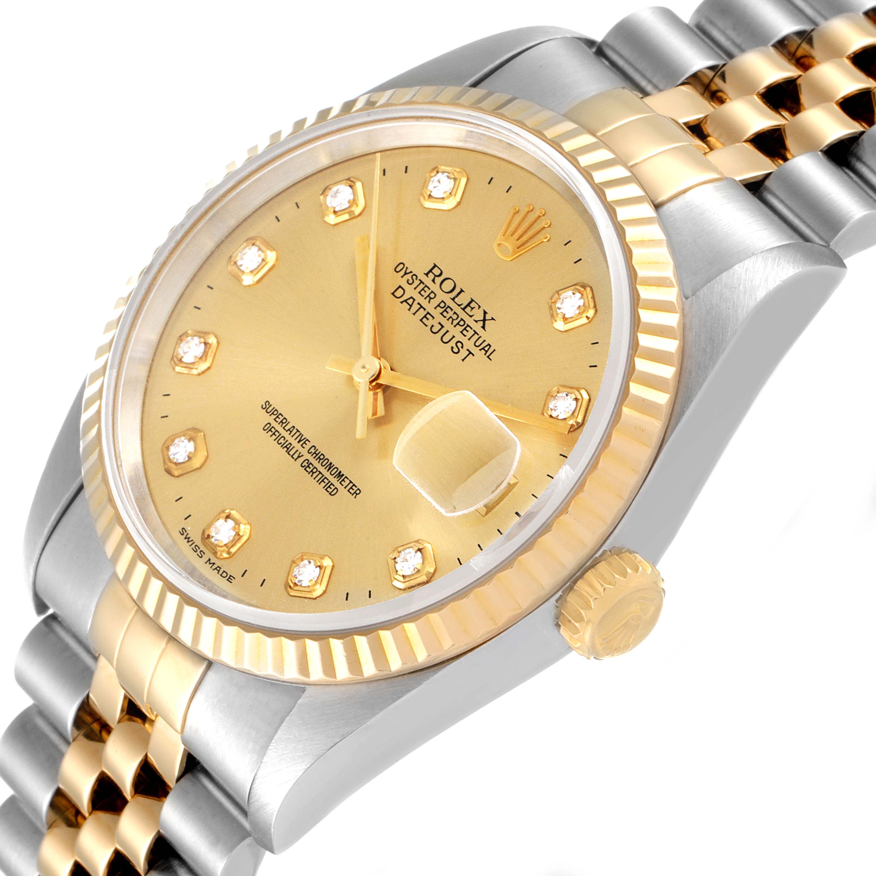 The image shows a close-up angle of a Rolex Datejust 16233 Men's Steel and Gold (two tone) Champagne Dial 16233 Men's Steel and Gold (two tone) Champagne Dial watch, highlighting the dial, crown, and bracelet.