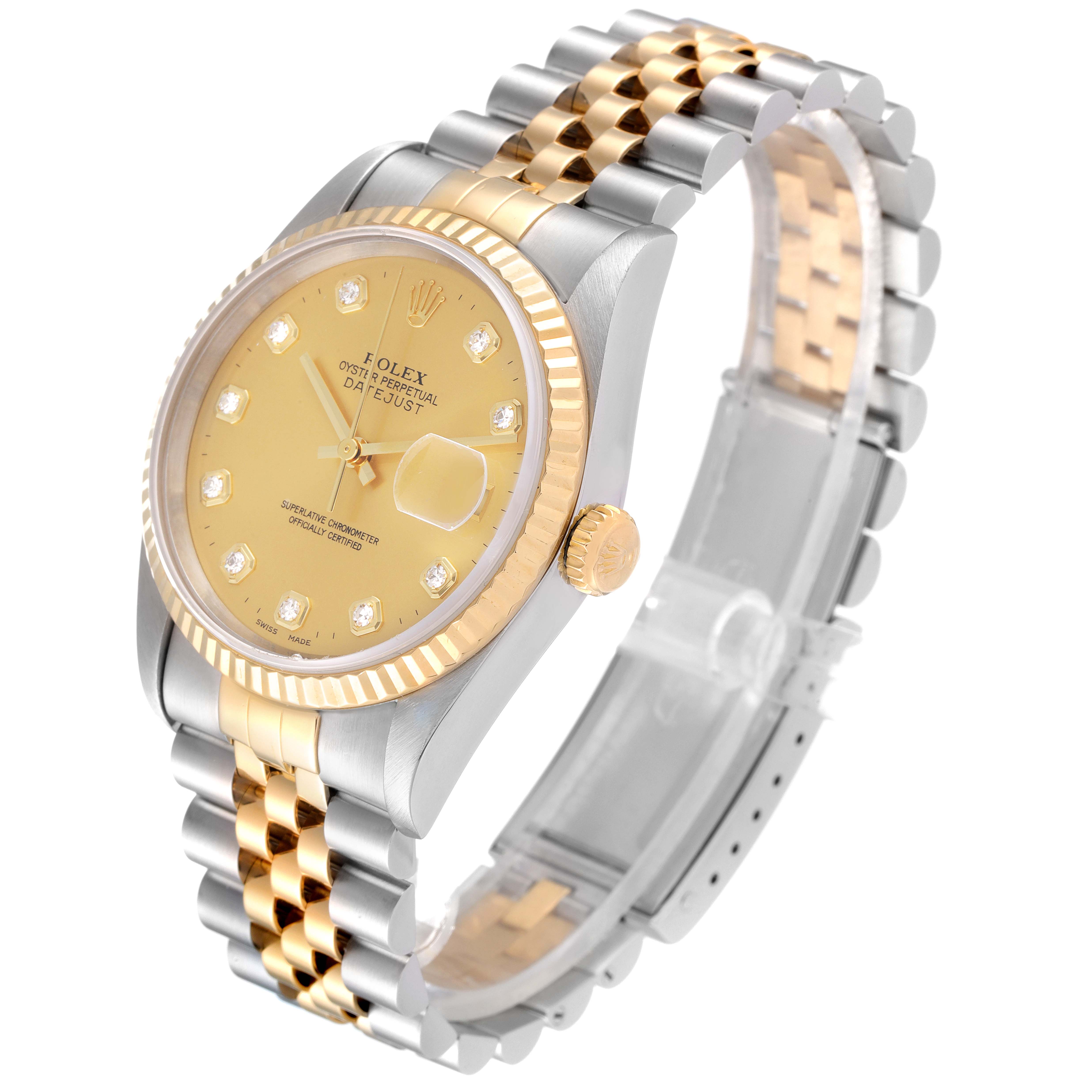 The image shows a three-quarter view of a Rolex Datejust 16233 Men's Steel and Gold (two tone) Champagne Dial 16233 Men's Steel and Gold (two tone) Champagne Dial watch, highlighting its gold and silver bracelet, dial, and crown.