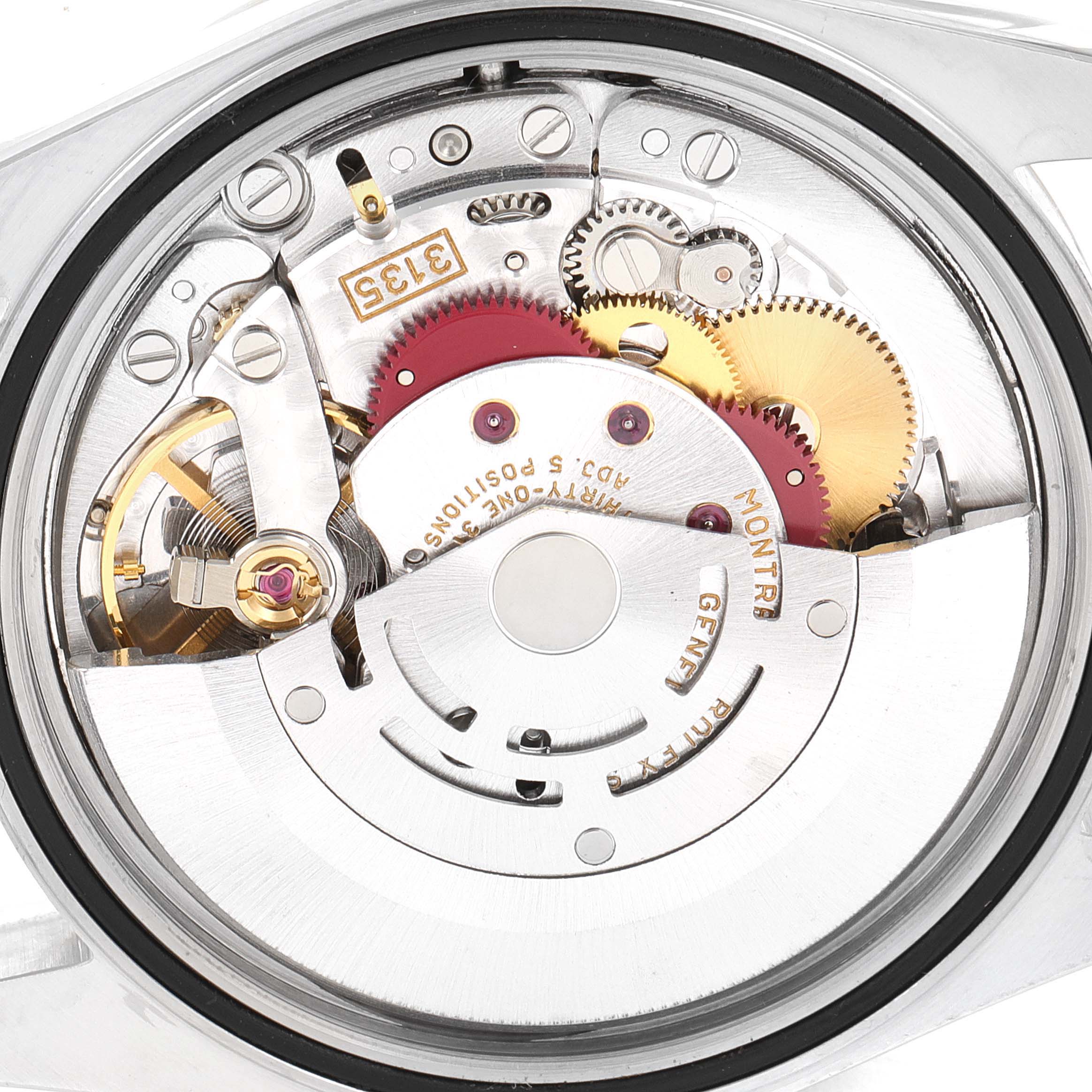 The image shows the intricate internal mechanical movement of a Rolex Datejust 16233 Men's Steel and Gold (two tone) Champagne Dial 16233 Men's Steel and Gold (two tone) Champagne Dial watch, viewed from the back case.