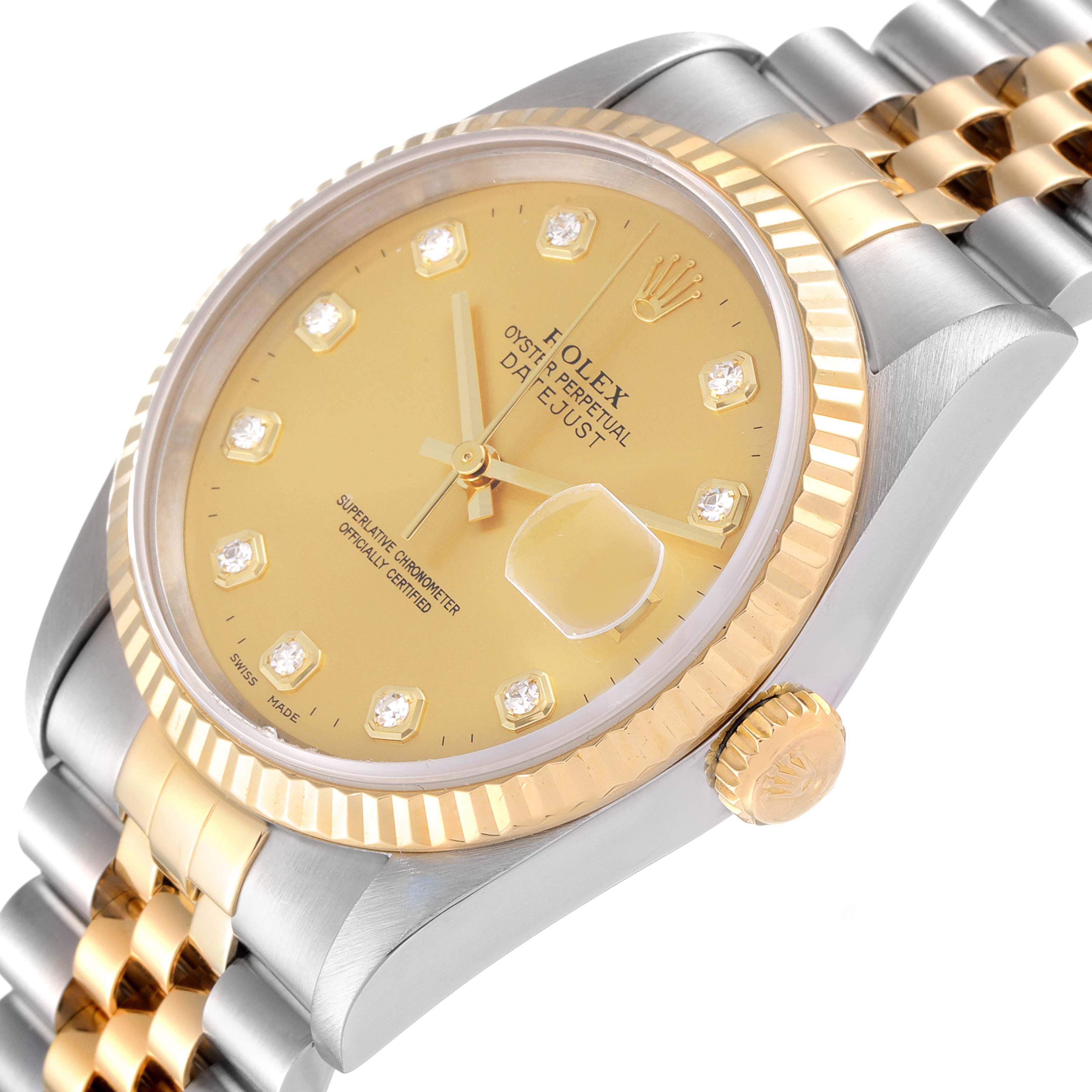 The image shows a close-up, angled view of a Rolex Datejust 16233 Men's Steel and Gold (two tone) Champagne Dial 16233 Men's Steel and Gold (two tone) Champagne Dial watch, highlighting its gold diamond dial, bezel, crown, and two-tone bracelet.