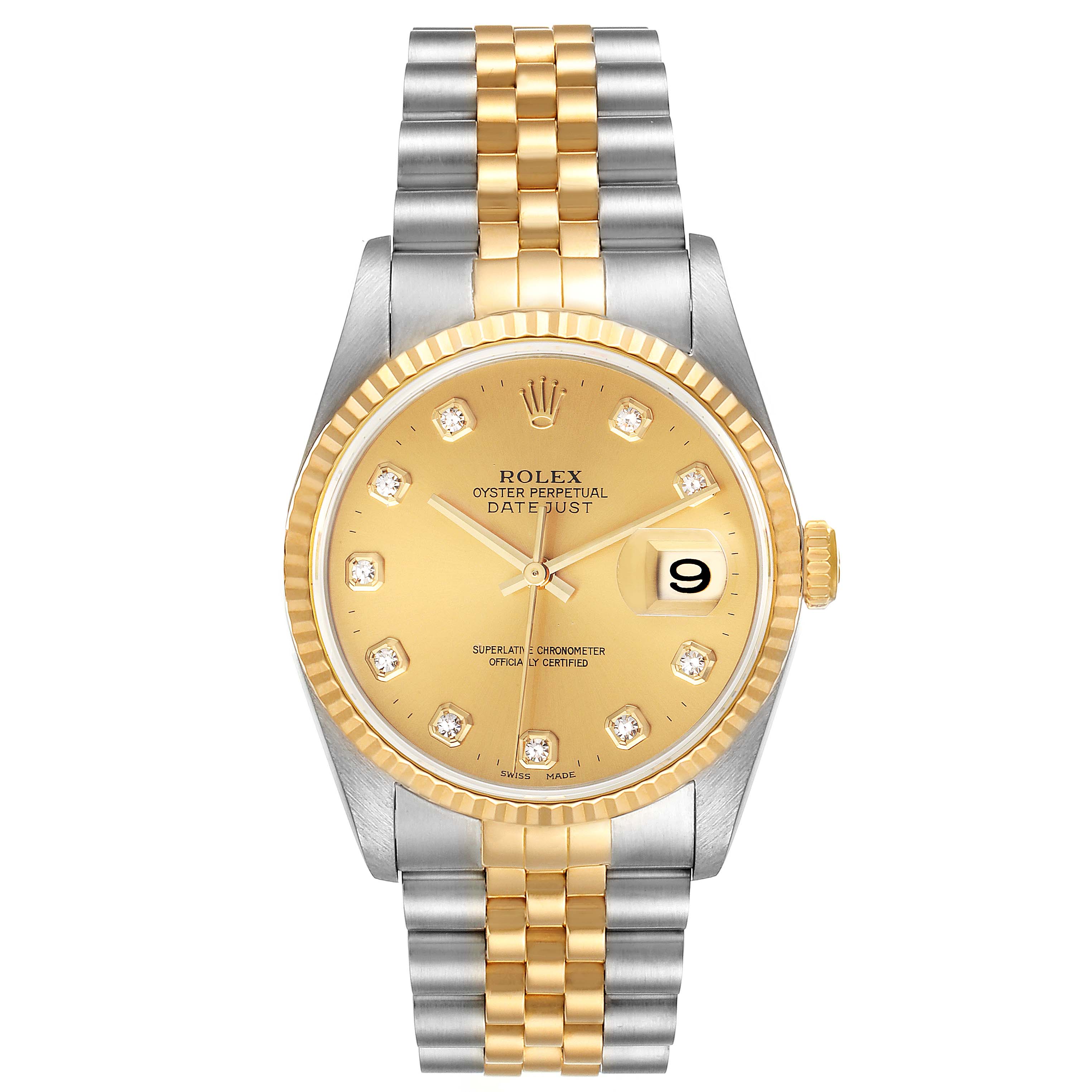 This image shows a Rolex Datejust 16233 Men's Steel and Gold (two tone) Champagne Dial 16233 Men's Steel and Gold (two tone) Champagne Dial watch from the front, featuring a gold dial, diamond hour markers, and a two-tone bracelet.