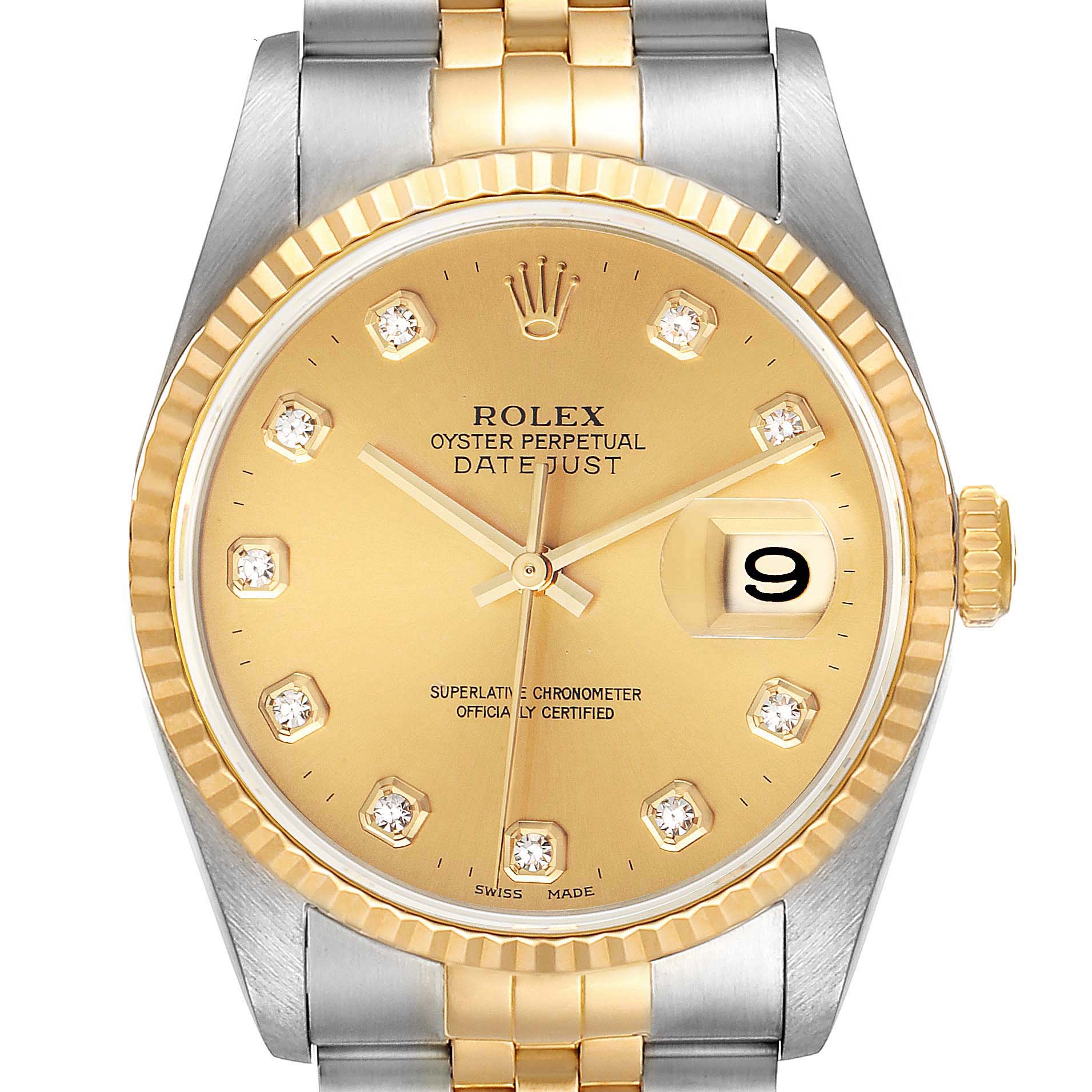 The image shows a frontal view of a Rolex Datejust 16233 Men's Steel and Gold (two tone) Champagne Dial 16233 Men's Steel and Gold (two tone) Champagne Dial watch, highlighting its gold dial, diamond hour markers, date window, and two-tone bracelet.
