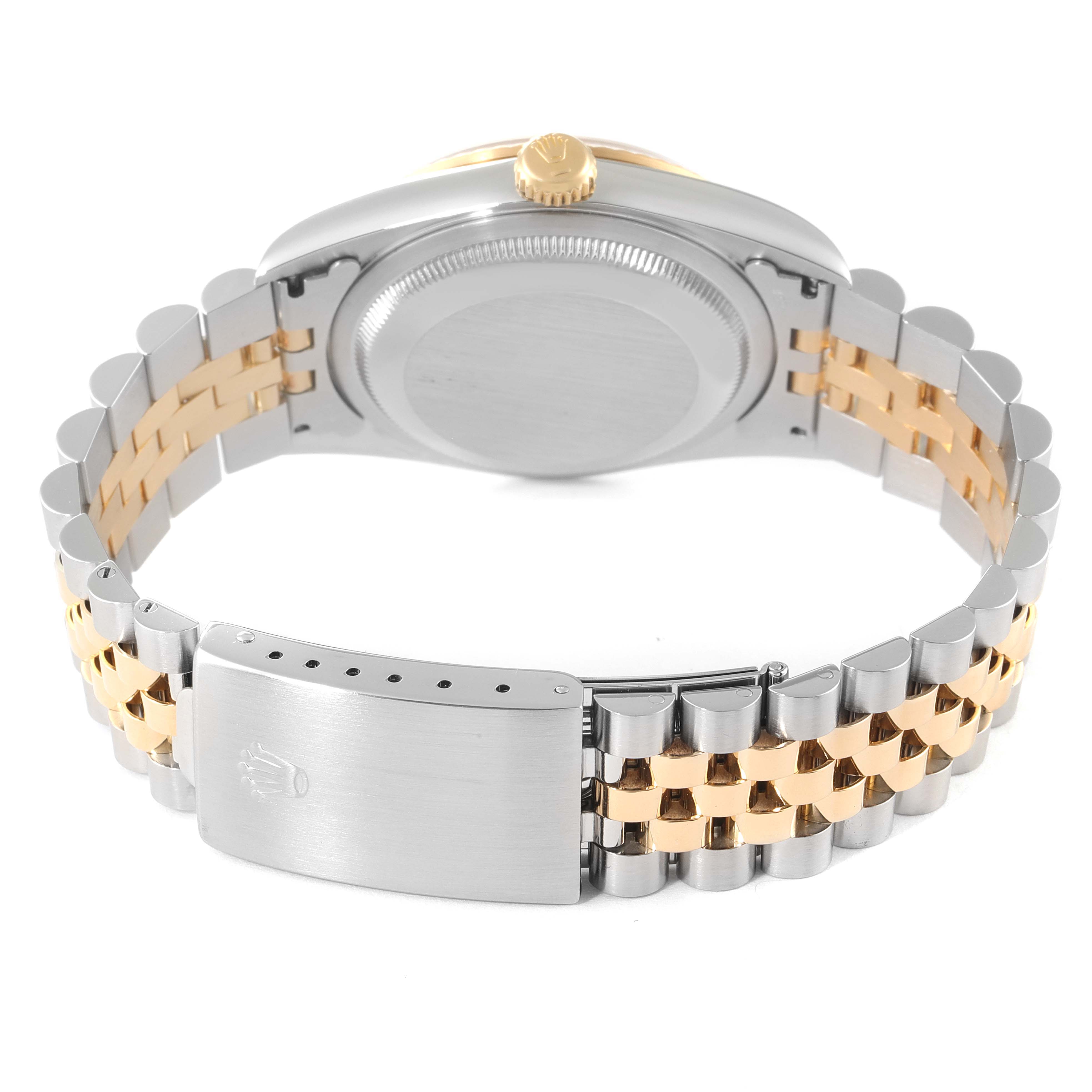 The image shows the back and bracelet of a Rolex Datejust 16233 Men's Steel and Gold (two tone) Champagne Dial 16233 Men's Steel and Gold (two tone) Champagne Dial watch, highlighting the clasp and case.