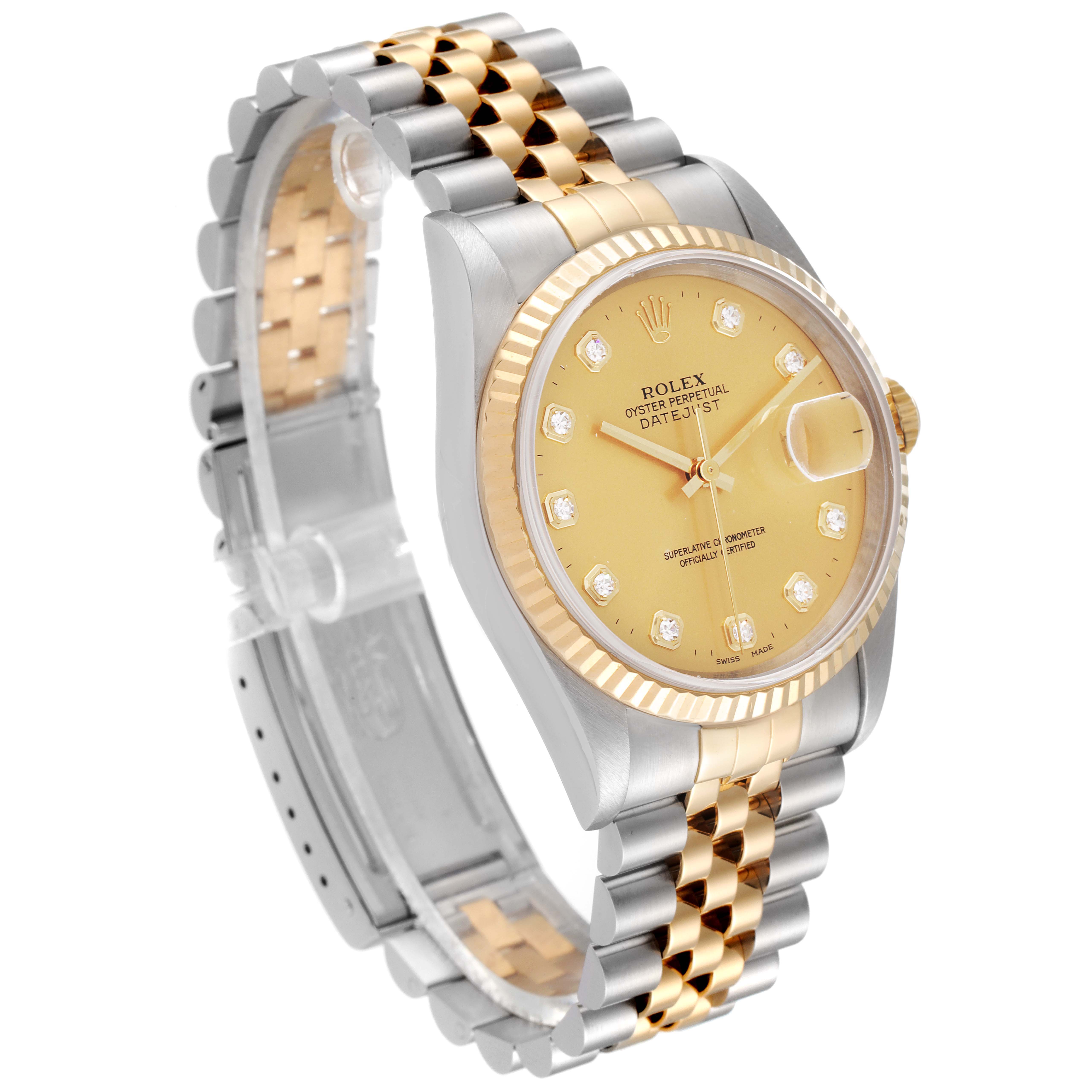 The Rolex Datejust 16233 Men's Steel and Gold (two tone) Champagne Dial 16233 Men's Steel and Gold (two tone) Champagne Dial watch is shown from an angled side view, highlighting the dial, bezel, and two-tone bracelet.