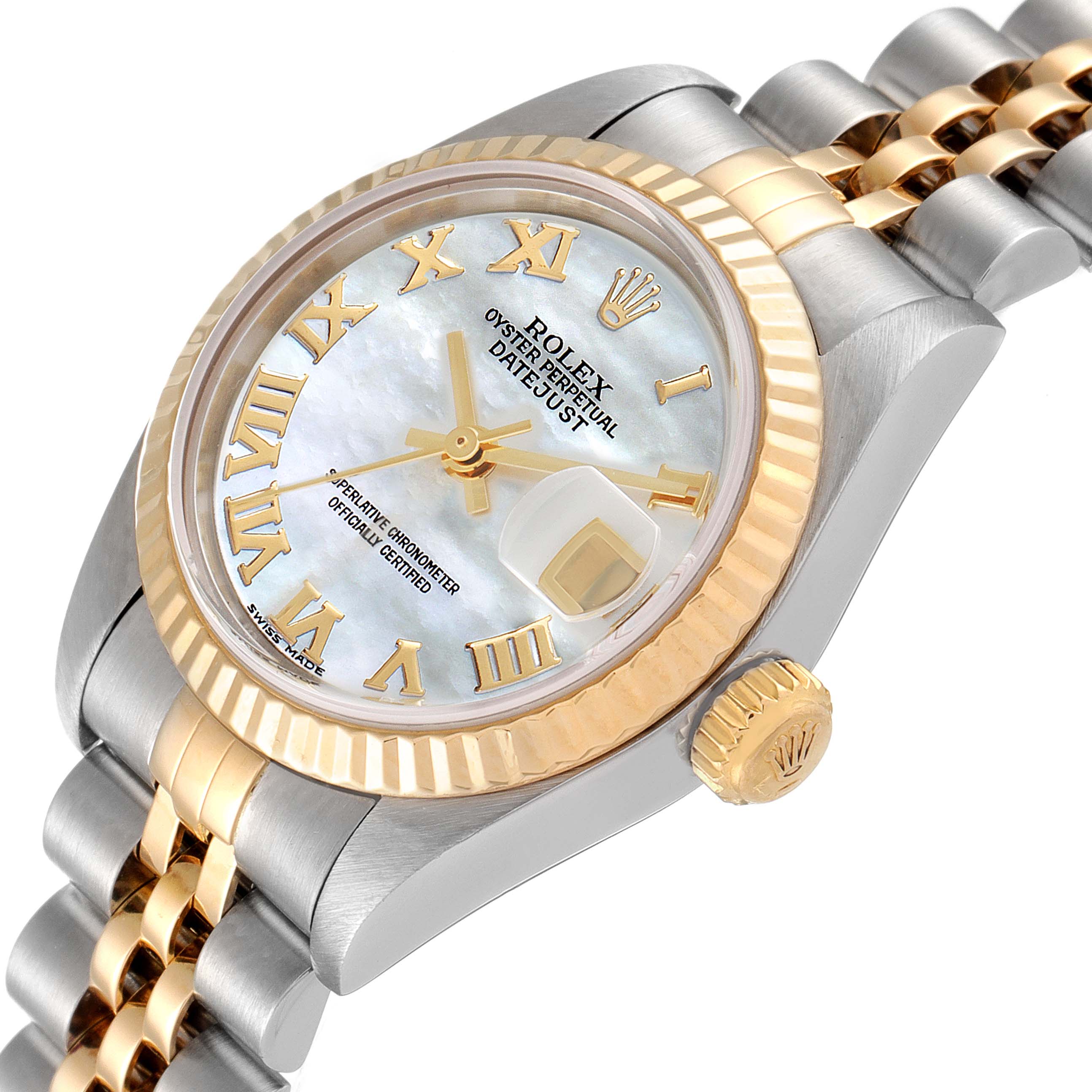 The image displays a close-up, angled view of the Rolex Datejust 79173 Women
s Steel and Gold (two tone) Mother of Pearl Dial 79173 Women
s Steel and Gold (two tone) Mother of Pearl Dial watch, highlighting its face, bezel, and part of the bracelet.