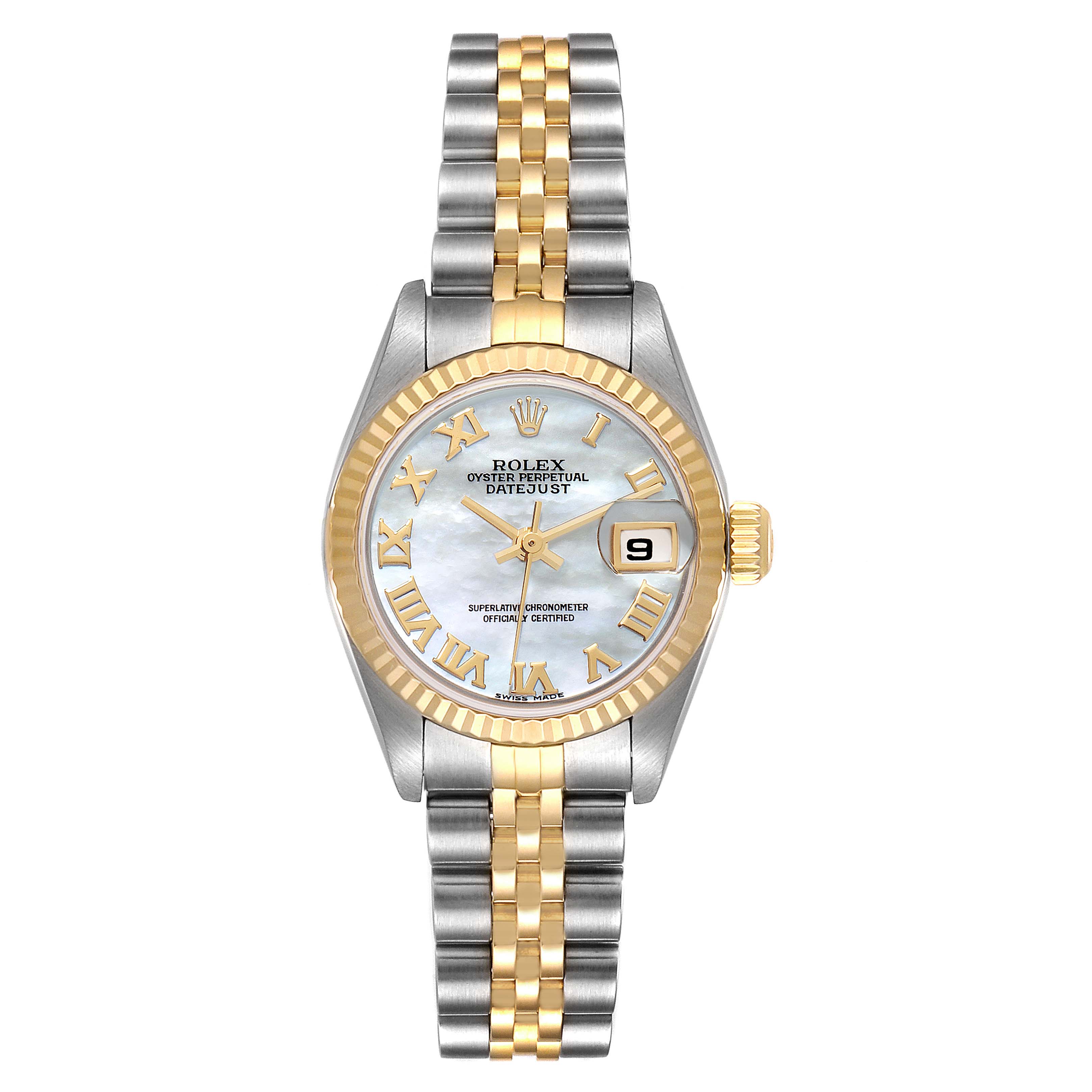 This image shows a frontal view of the Rolex Datejust 79173 Women
s Steel and Gold (two tone) Mother of Pearl Dial 79173 Women
s Steel and Gold (two tone) Mother of Pearl Dial watch, featuring a silver and gold bracelet, fluted bezel, and date display.