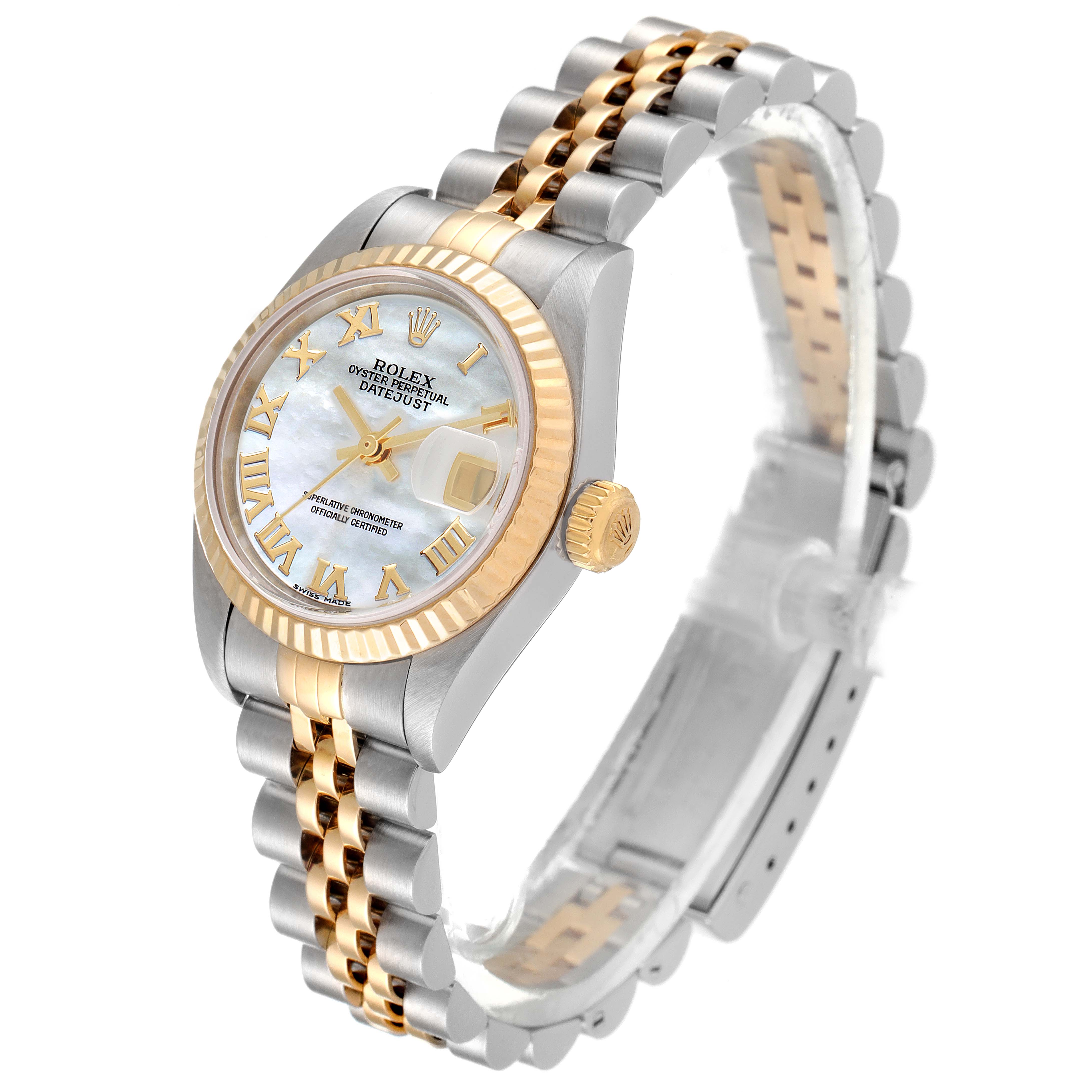 The Rolex Datejust 79173 Women
s Steel and Gold (two tone) Mother of Pearl Dial 79173 Women
s Steel and Gold (two tone) Mother of Pearl Dial watch is shown at a three-quarter angle, displaying the face, bezel, and Jubilee bracelet.