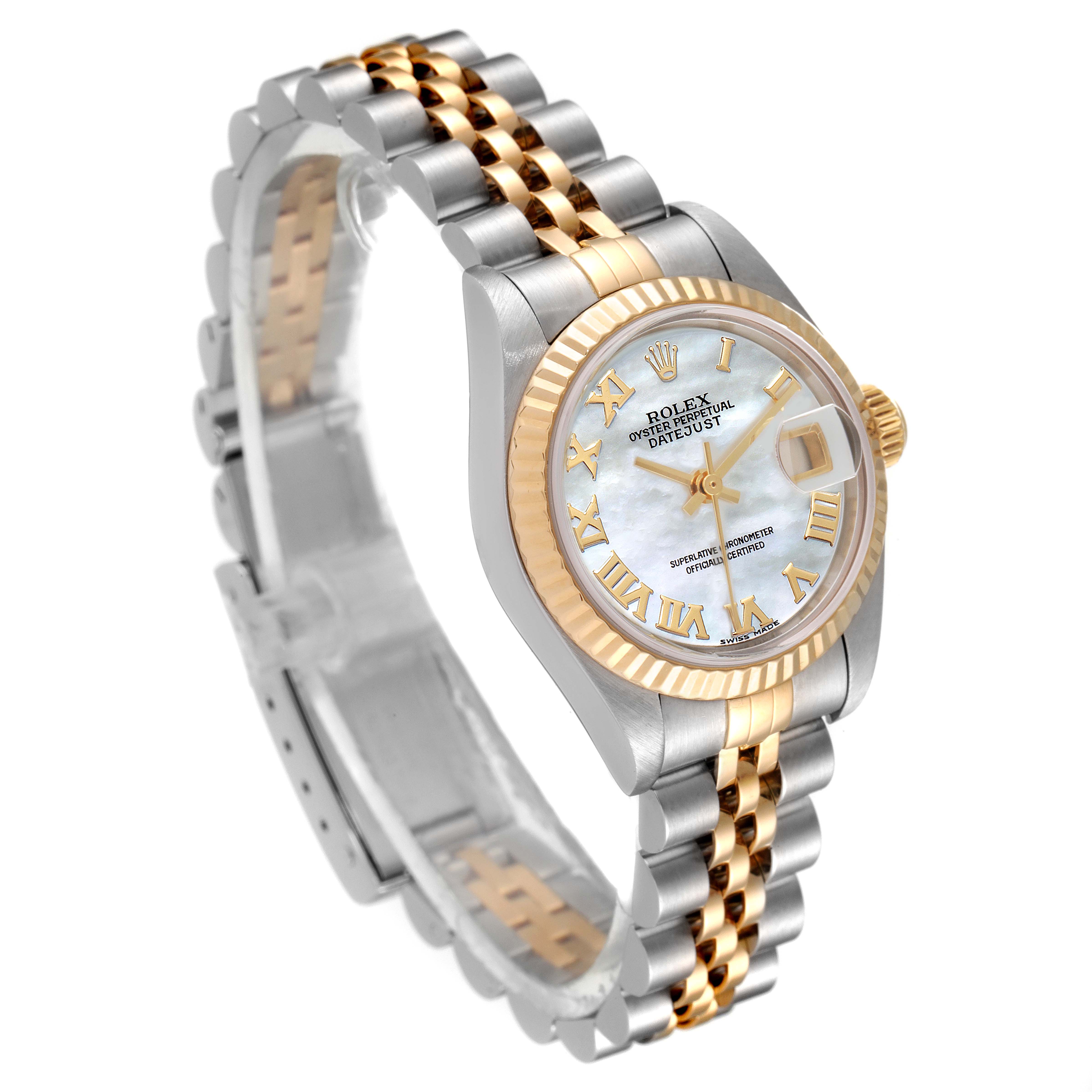 The image shows a Rolex Datejust 79173 Women
s Steel and Gold (two tone) Mother of Pearl Dial 79173 Women
s Steel and Gold (two tone) Mother of Pearl Dial watch at a three-quarter angle highlighting the bracelet, bezel, dial, and crown.