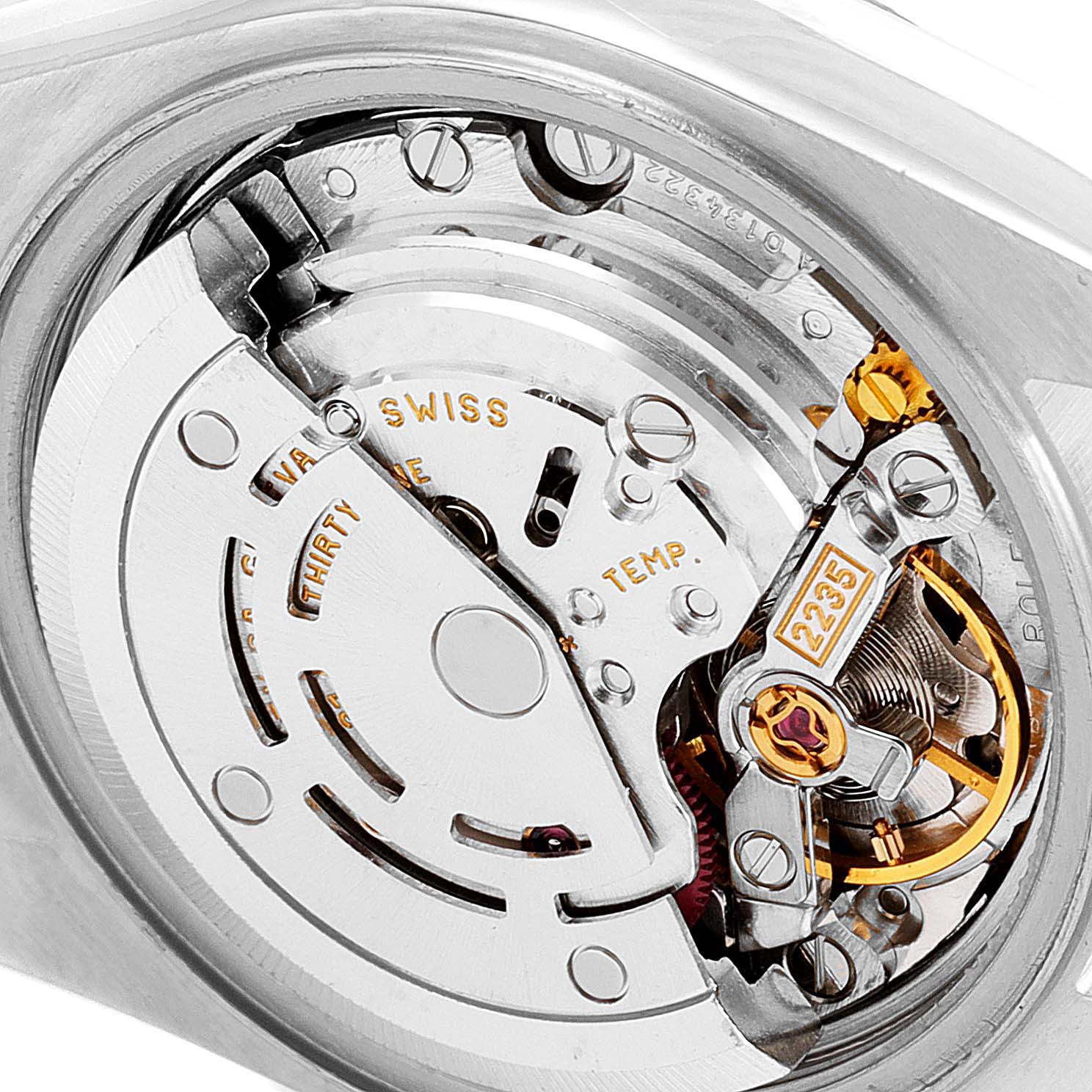 This image shows the movement mechanism of a Rolex Datejust 79173 Women
s Steel and Gold (two tone) Mother of Pearl Dial 79173 Women
s Steel and Gold (two tone) Mother of Pearl Dial watch from a close-up, internal view.