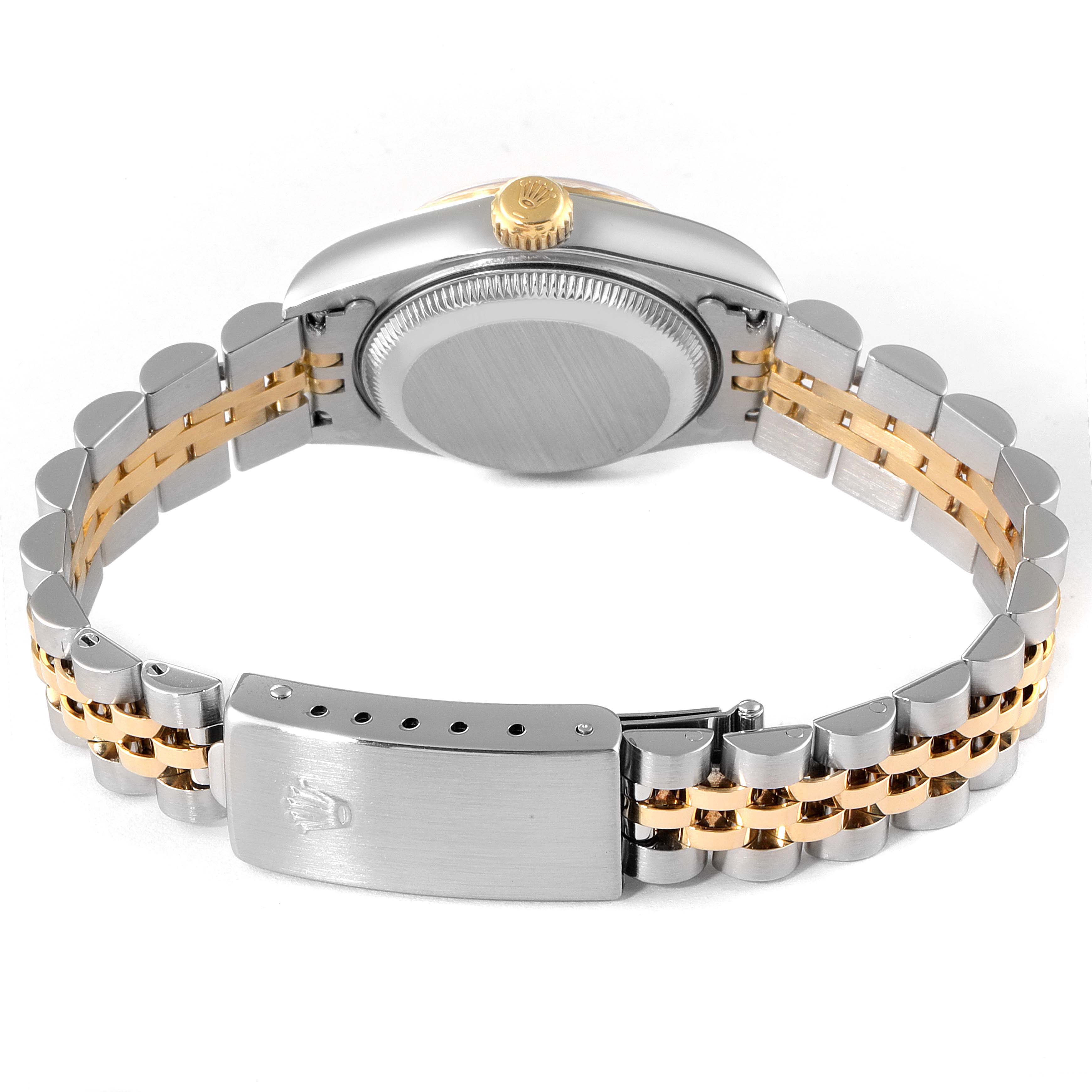 The image shows the back view of a Rolex Datejust 79173 Women
s Steel and Gold (two tone) Mother of Pearl Dial 79173 Women
s Steel and Gold (two tone) Mother of Pearl Dial watch, highlighting the case back, crown, and bicolor bracelet with clasp.