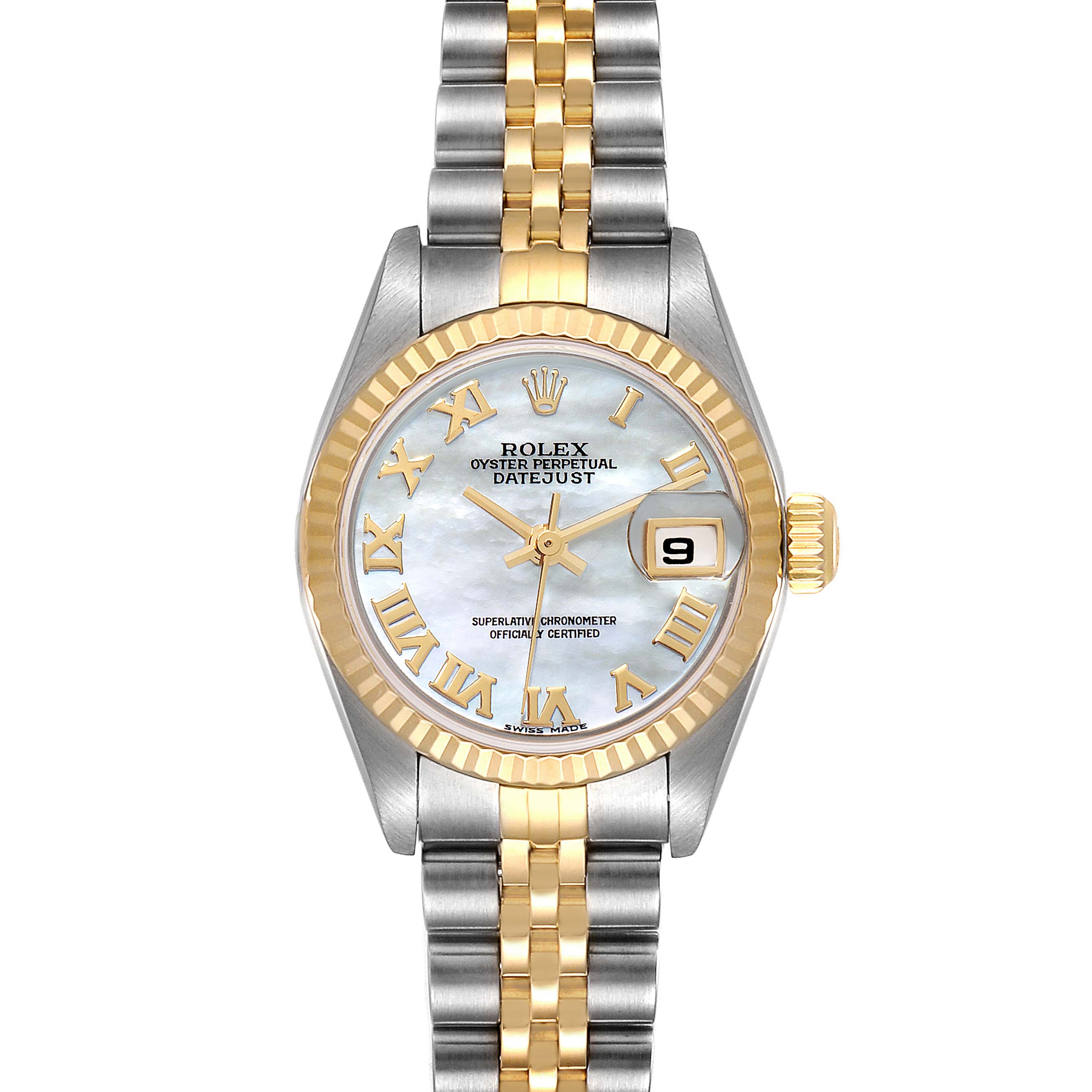 The Rolex Datejust 79173 Women
s Steel and Gold (two tone) Mother of Pearl Dial 79173 Women
s Steel and Gold (two tone) Mother of Pearl Dial watch is shown from a top-down angle, displaying its face, bezel, and two-tone bracelet.