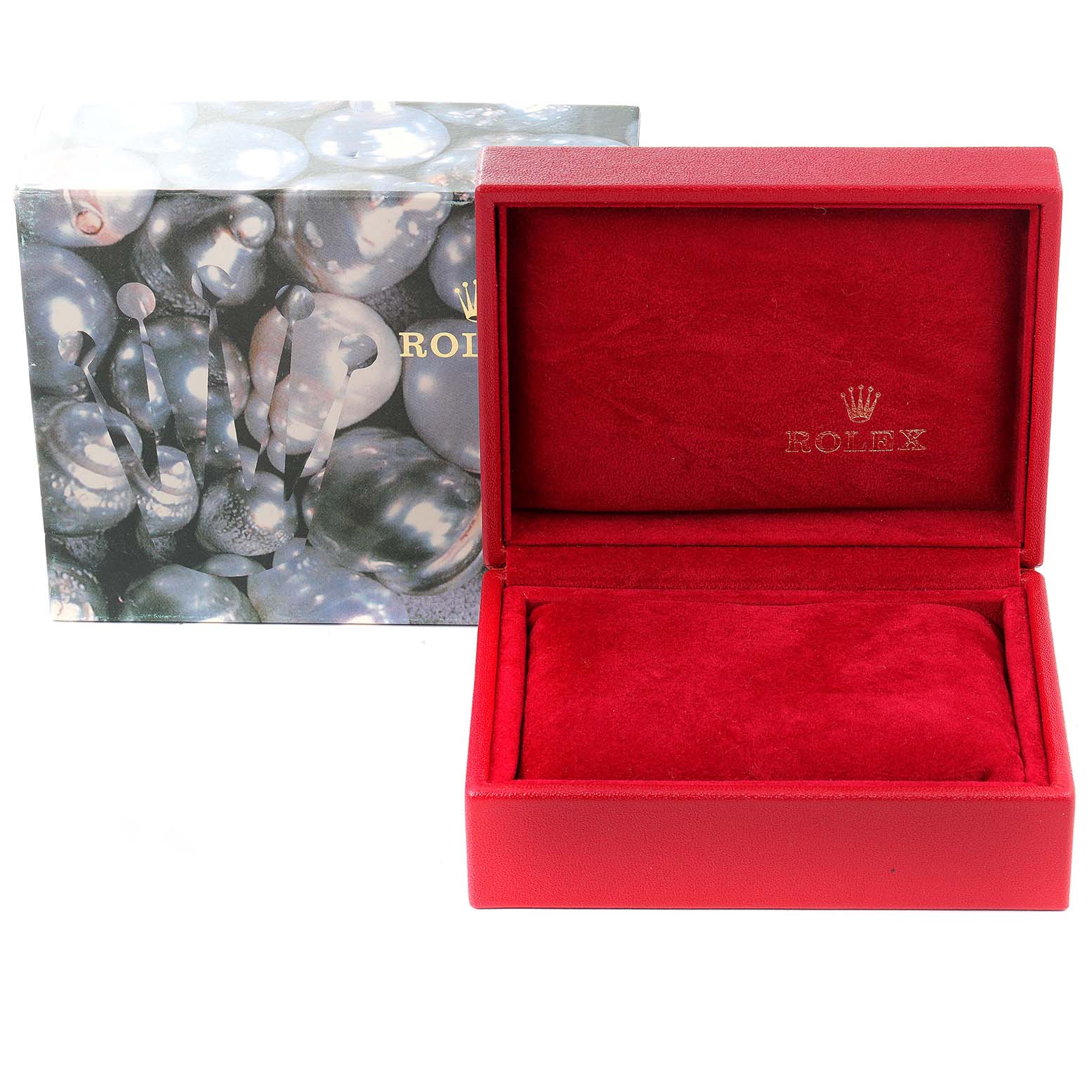 The image shows an open red Rolex watch box for a Datejust model, along with its outer packaging.
