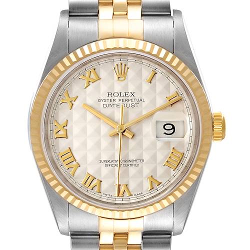 Photo of Rolex Datejust Steel Yellow Gold Pyramid Roman Dial Mens Watch 16233