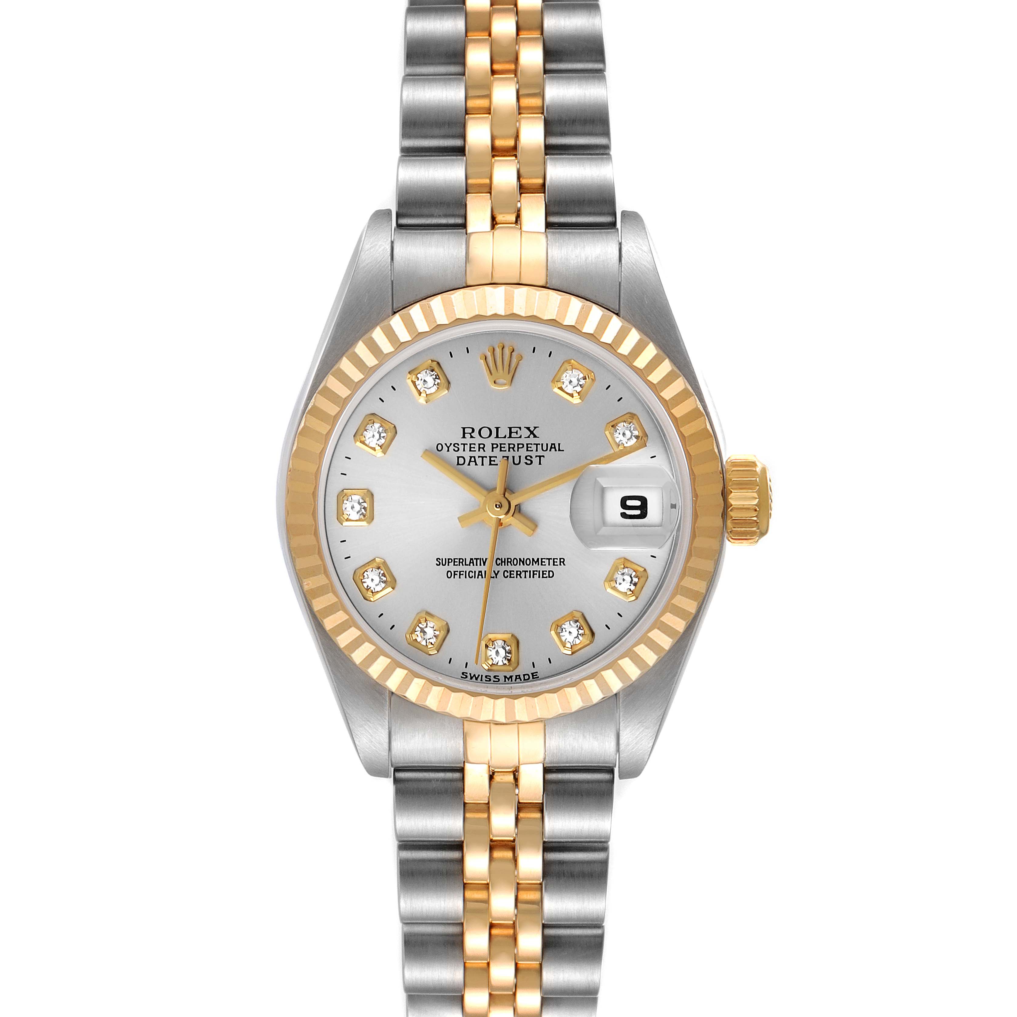 The image shows a frontal view of a Rolex Datejust 79173 Women's Steel and Gold (two tone) Silver Dial 79173 Women's Steel and Gold (two tone) Silver Dial watch with a two-tone metal bracelet and diamond hour markers.