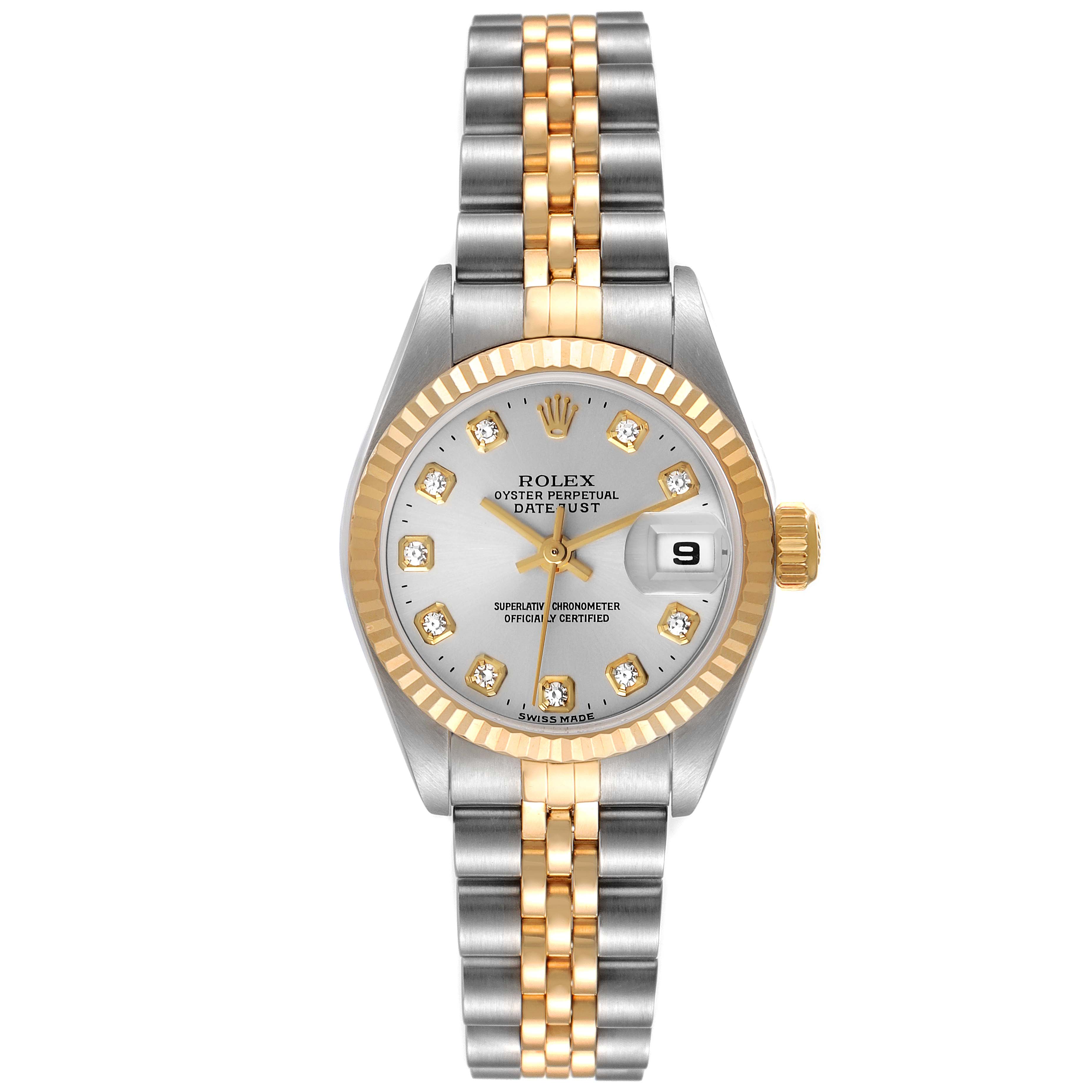 The image shows a front view of the Rolex Datejust 79173 Women's Steel and Gold (two tone) Silver Dial 79173 Women's Steel and Gold (two tone) Silver Dial watch, highlighting the dial, bezel, bracelet, and crown.