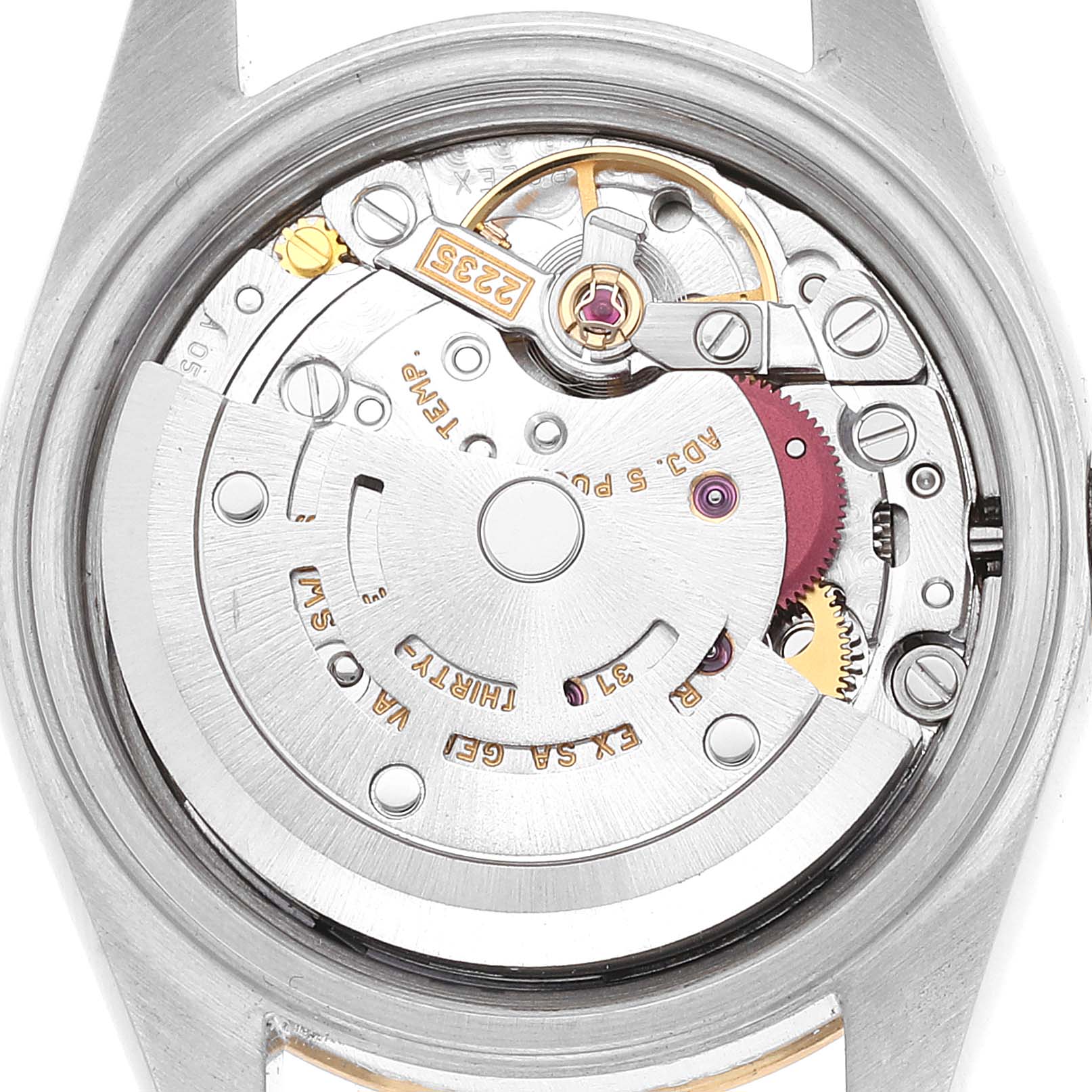 The image shows the inner mechanical movement of a Rolex Datejust 79173 Women's Steel and Gold (two tone) Silver Dial 79173 Women's Steel and Gold (two tone) Silver Dial watch from a bird's-eye view.