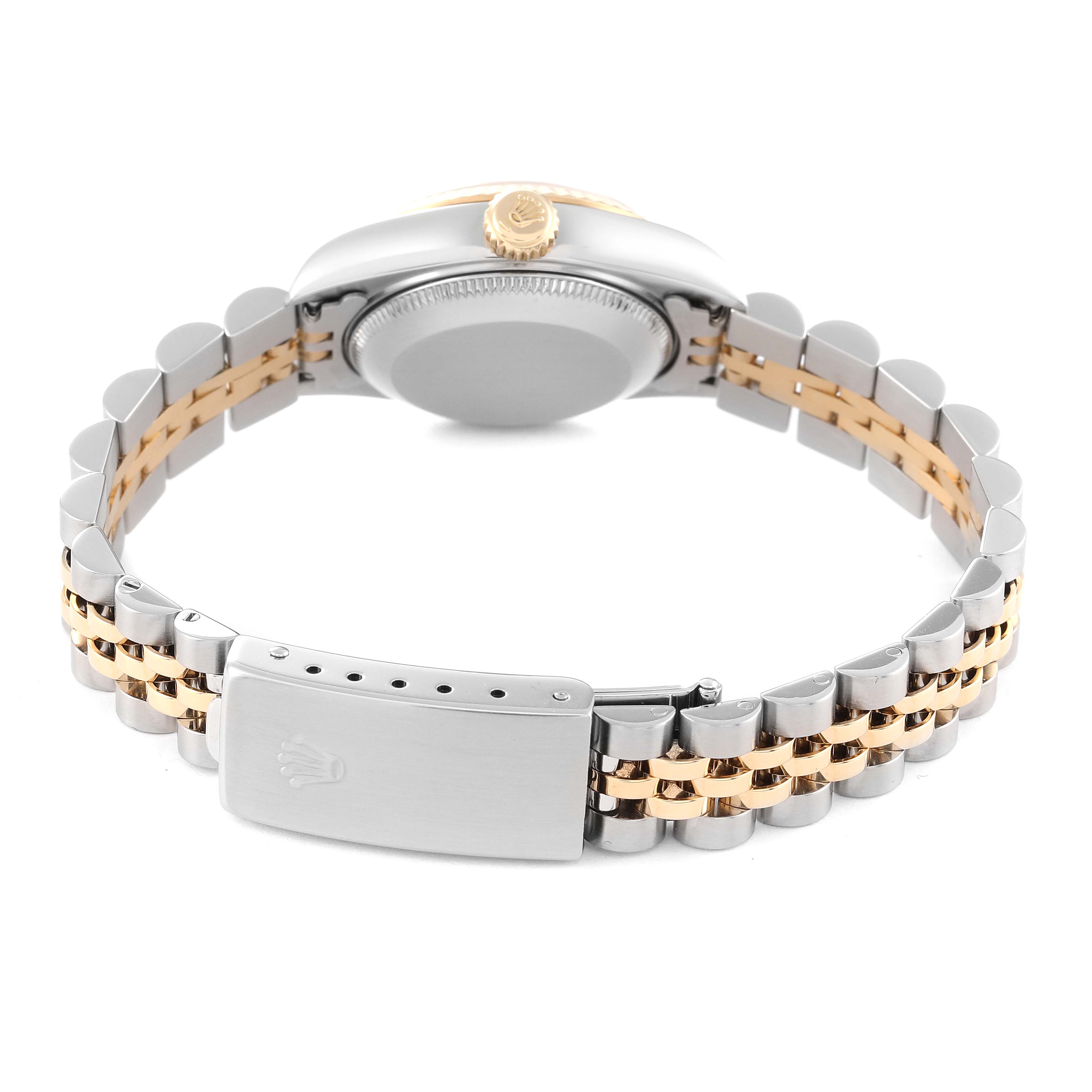 This Rolex Datejust 79173 Women's Steel and Gold (two tone) Silver Dial 79173 Women's Steel and Gold (two tone) Silver Dial watch is shown from the rear, highlighting its clasp, bracelet, crown, and case back.