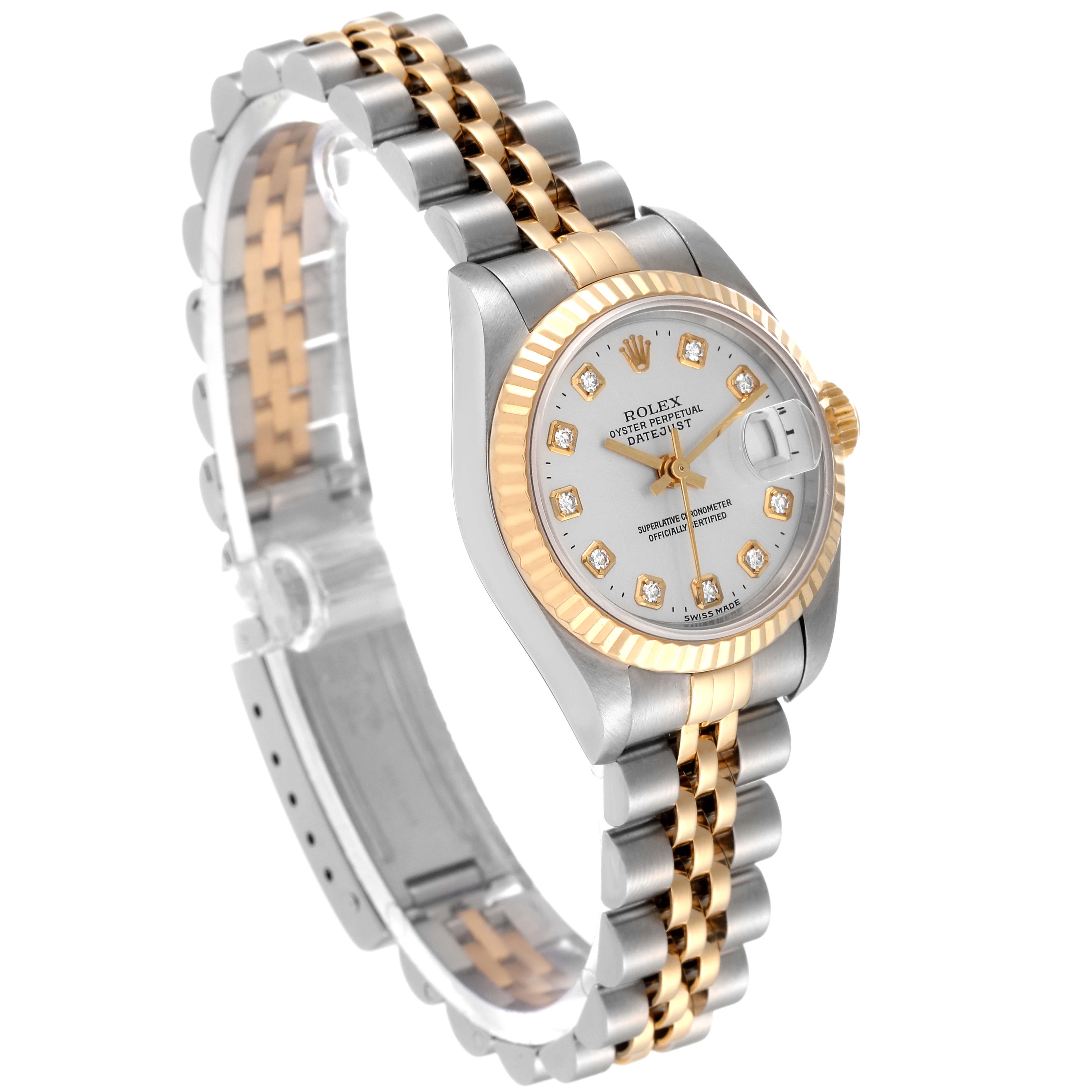 The image shows a Rolex Datejust 79173 Women's Steel and Gold (two tone) Silver Dial 79173 Women's Steel and Gold (two tone) Silver Dial watch angled at three-quarters, highlighting the face, bezel, crown, and two-tone bracelet.