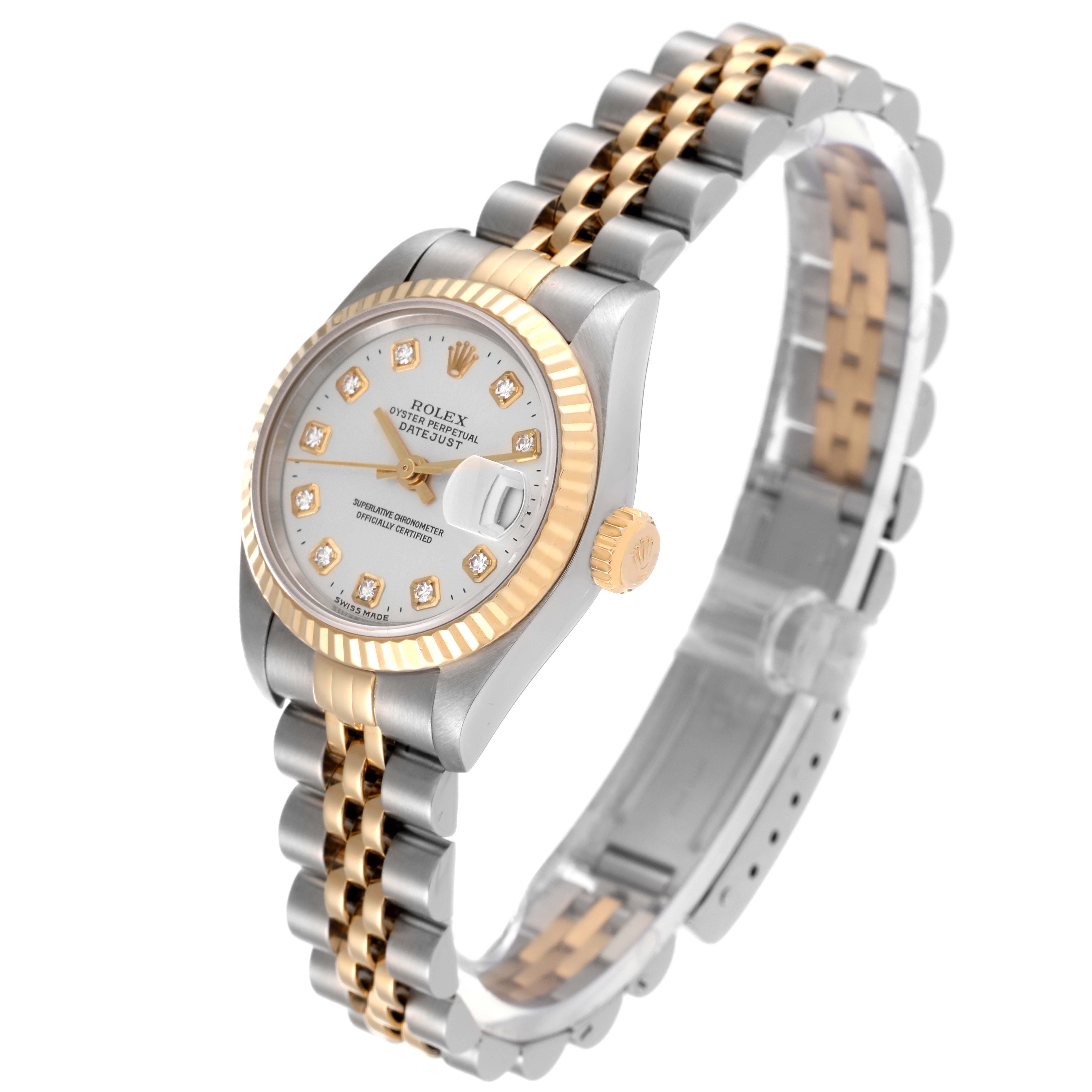 The image shows a Rolex Datejust 79173 Women's Steel and Gold (two tone) Silver Dial 79173 Women's Steel and Gold (two tone) Silver Dial watch at a three-quarter angle, displaying the dial, bezel, and bracelet.