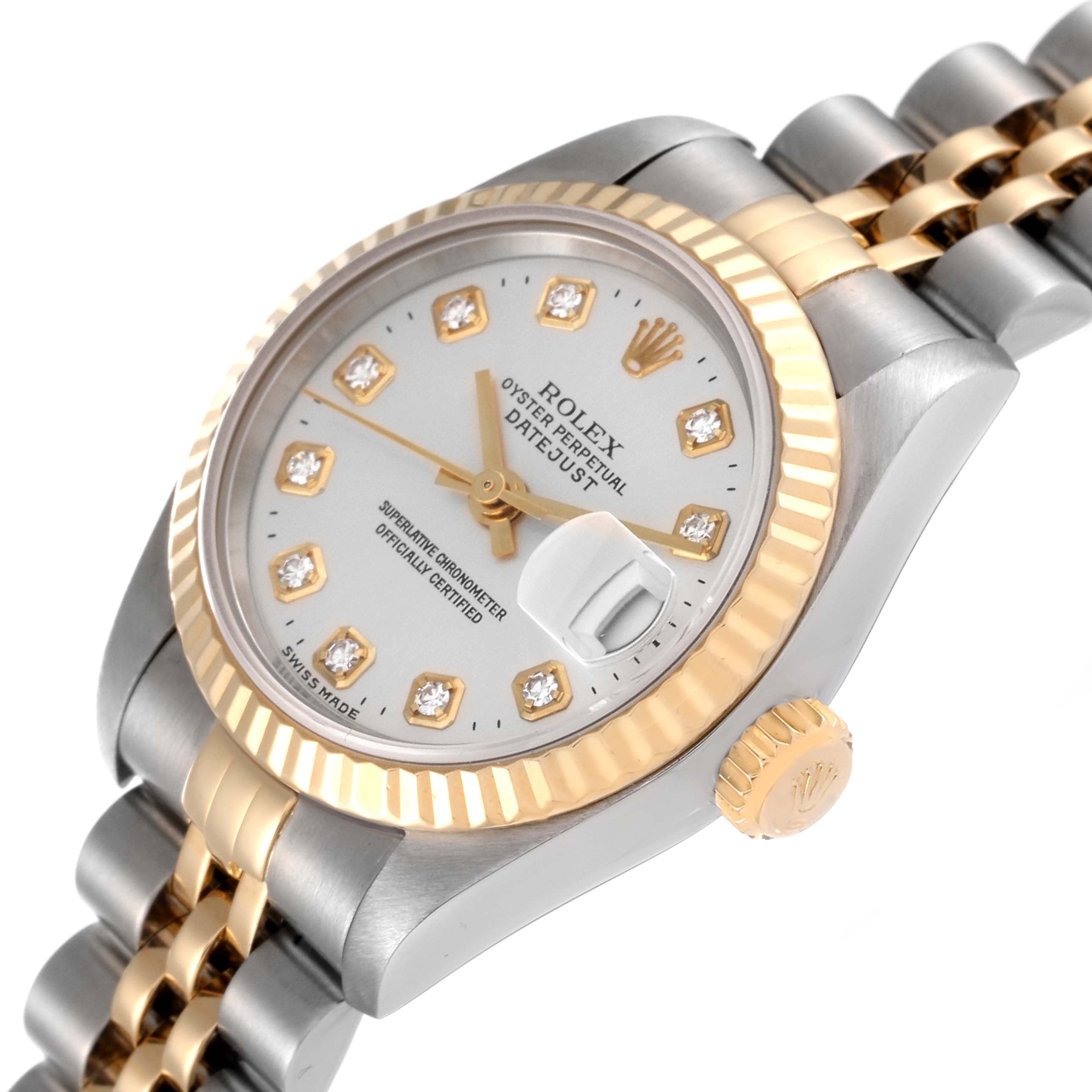 The Rolex Datejust 79173 Women's Steel and Gold (two tone) Silver Dial 79173 Women's Steel and Gold (two tone) Silver Dial watch is shown at a slight angled top view, displaying the dial, fluted bezel, crown, and bracelet.