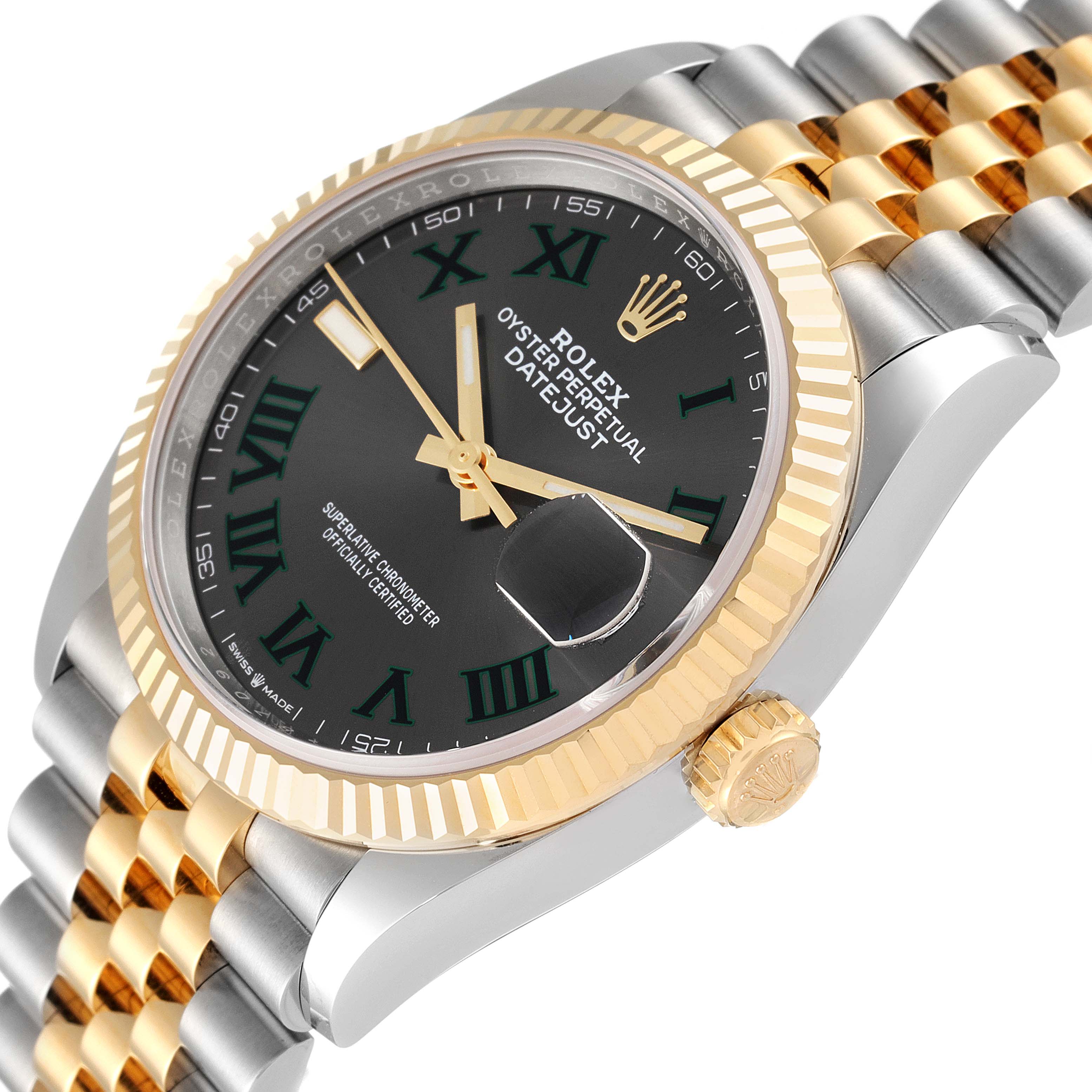 The Rolex Datejust 126233 Men
s Steel and Gold (two tone) Grey Dial 126233 Men
s Steel and Gold (two tone) Grey Dial watch is shown at an angled view, displaying the face, crown, fluted bezel, and part of the bracelet.