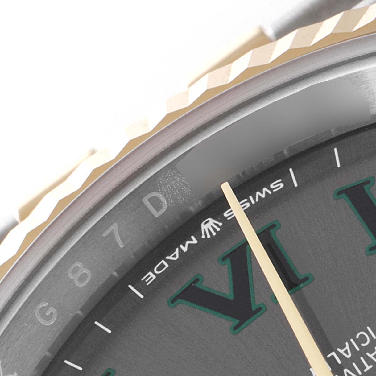 This close-up shows the dial, bezel, and part of the minute hand of the Rolex Datejust 126233 Men
s Steel and Gold (two tone) Grey Dial 126233 Men
s Steel and Gold (two tone) Grey Dial watch, highlighting the "Swiss Made" text.