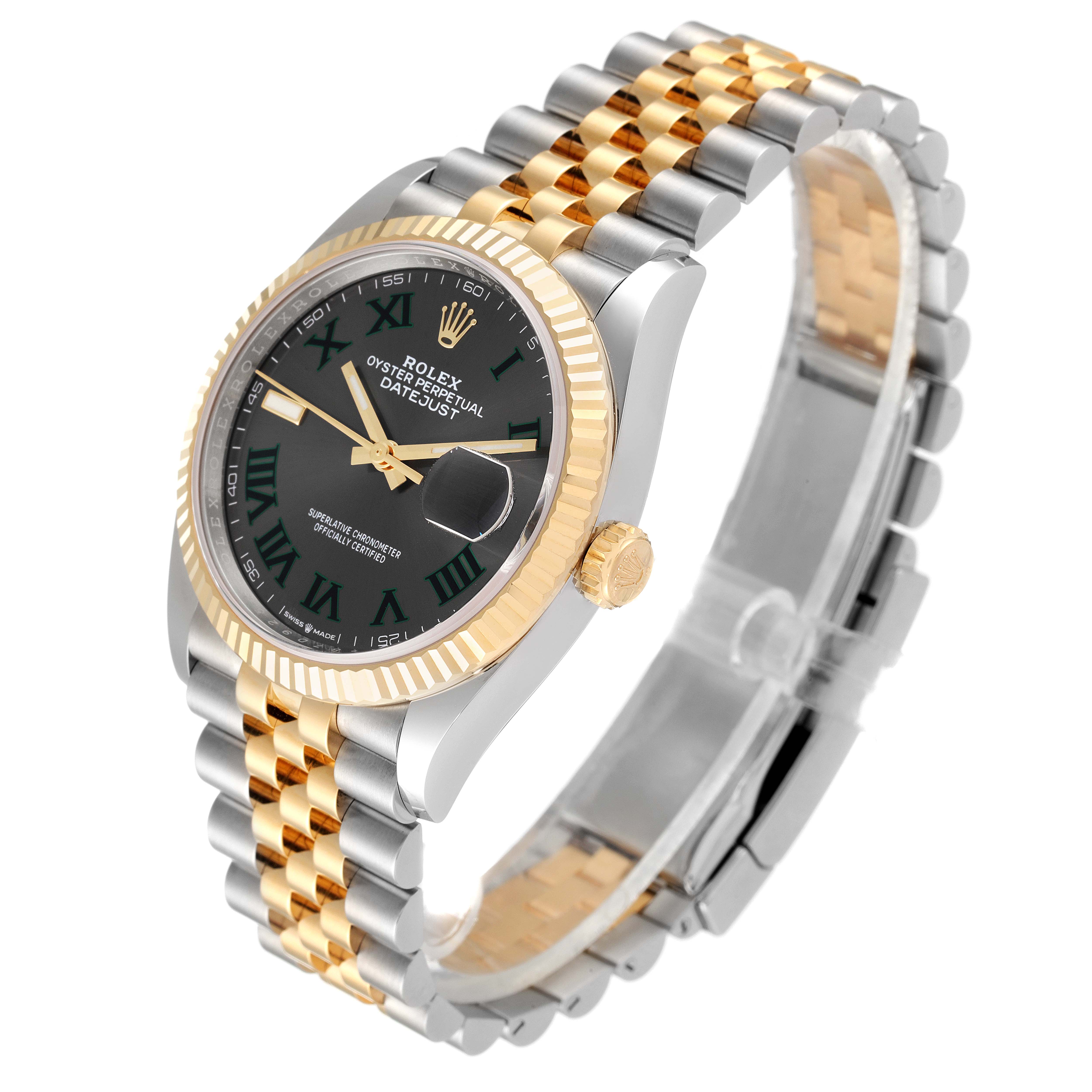 The image shows a Rolex Datejust 126233 Men
s Steel and Gold (two tone) Grey Dial 126233 Men
s Steel and Gold (two tone) Grey Dial watch at a slight side angle, highlighting the bezel, dial, crown, and two-tone bracelet.